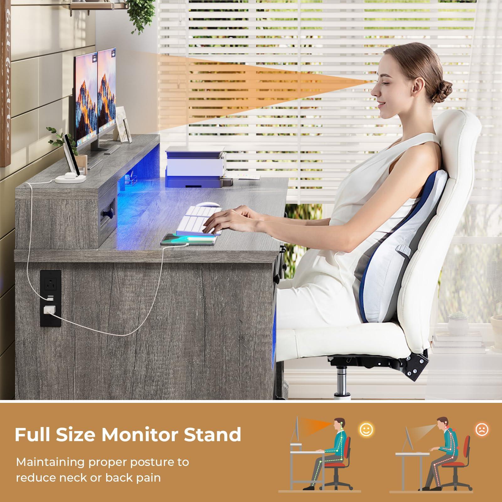 BTHFST Farmhouse Executive Desk with File Drawer, Computer Desk with Charging Station & LED Lights, Home Office Desk with Drawers & Storage Cabinet, Executive Office Desk with Monitor Stand, Grey - Image 4