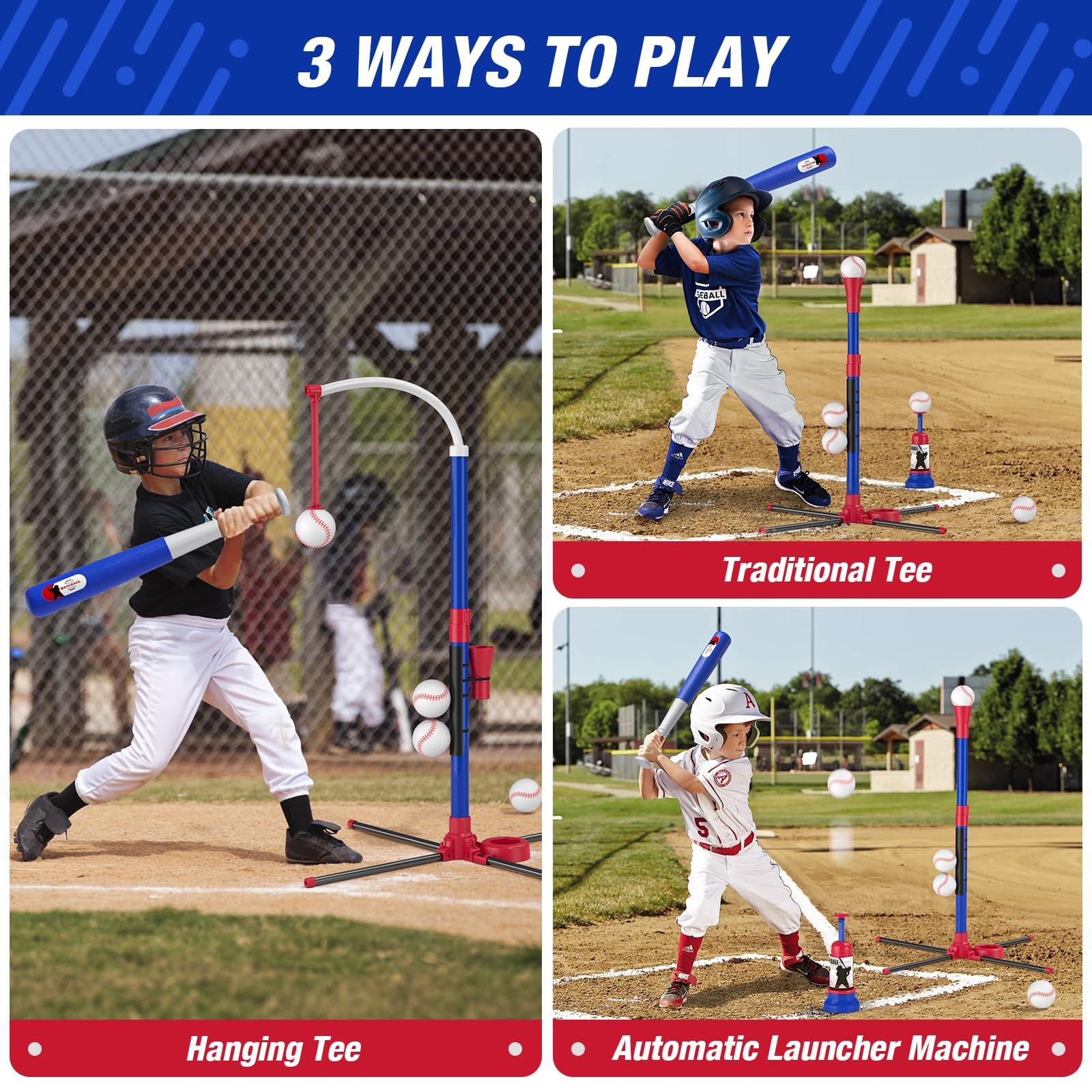 HYES 3-in-1 Baseball Set for Kids 3-5 - Tee Ball Stand, Hanging Tee, Ball Launcher and 6 Softballs - Adjustable Height, Indoor/Outdoor Sport Gifts for Boys, Blue - Image 3