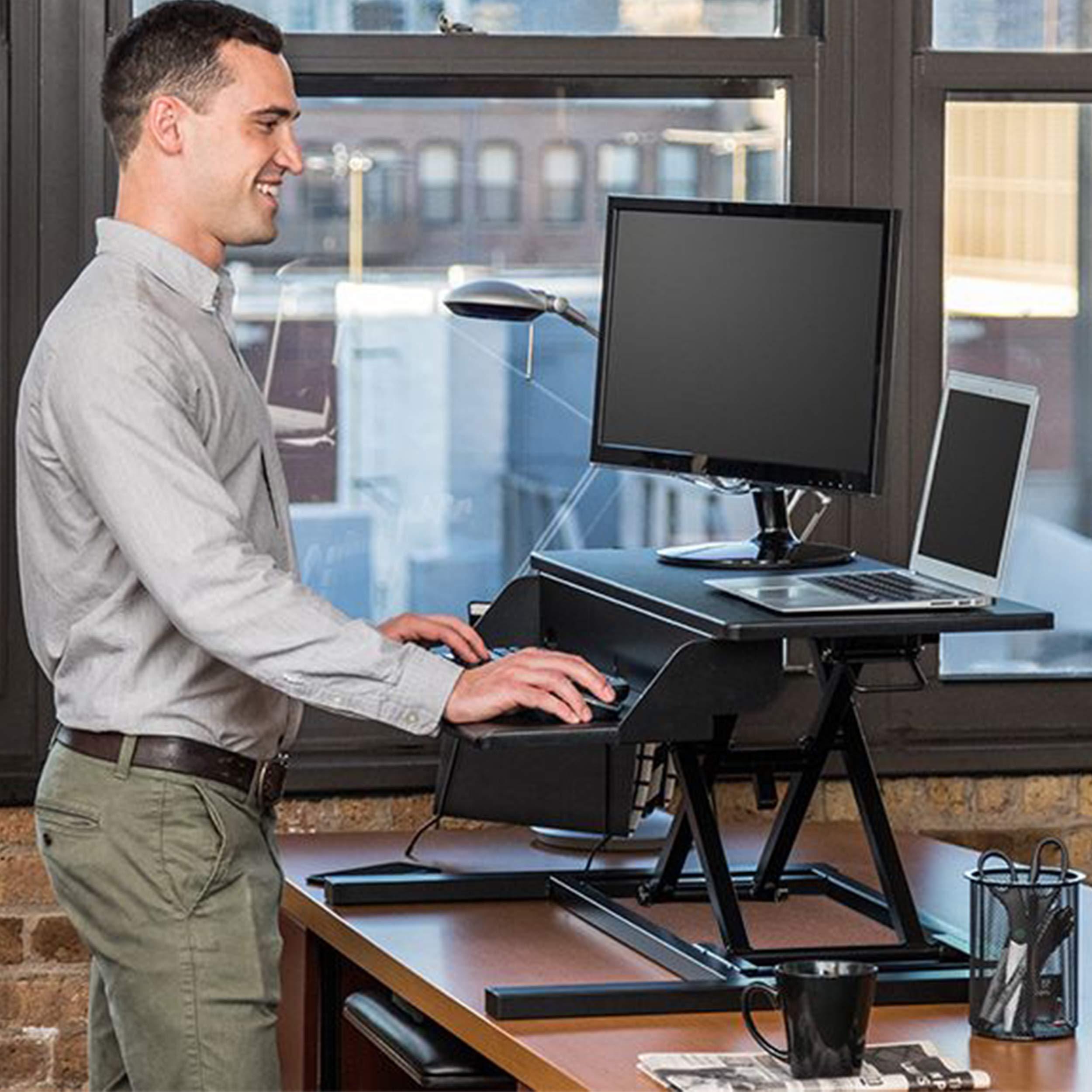 Stand Up Desk Store AirRise Pro Two Tier Standing Desk Converter Monitor Stand with Built-in Keyboard Tray (Black, 32" Wide) - Image 5