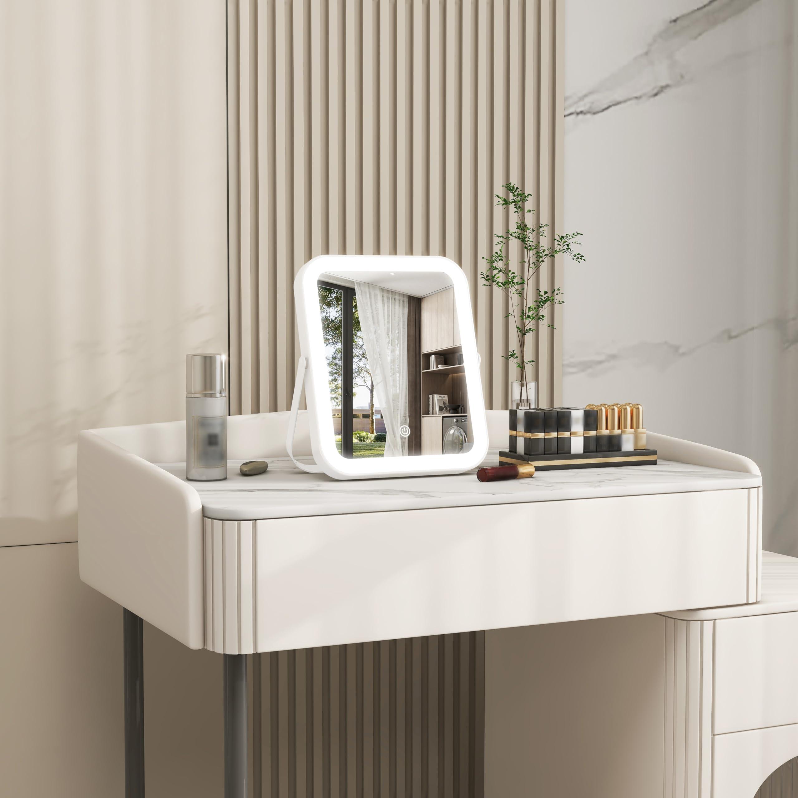 ROLOVE 8x10 Inch Lighted Vanity Mirror, 3-Color Dimmable LED Lighting & Touch Control, Portable Makeup Mirror with U-Bracket for Travel/Dressing Room (White) - Image 3