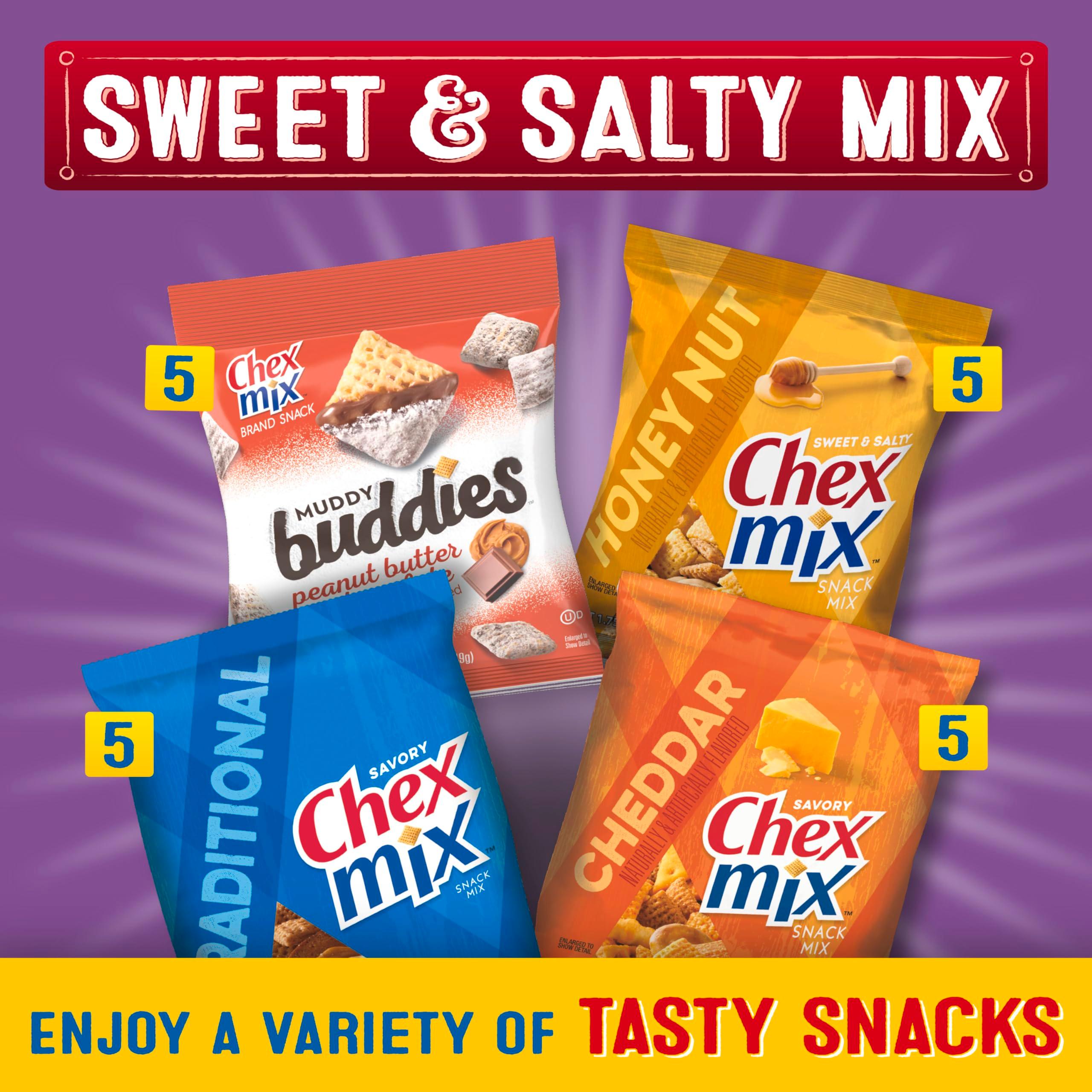 Sweet & Salty Snack Variety Pack, Muddy Buddies Peanut Butter & Chocolate, Chex Mix Traditional, Cheddar & Honey Nut, 35 oz (20 Bags) - Image 3