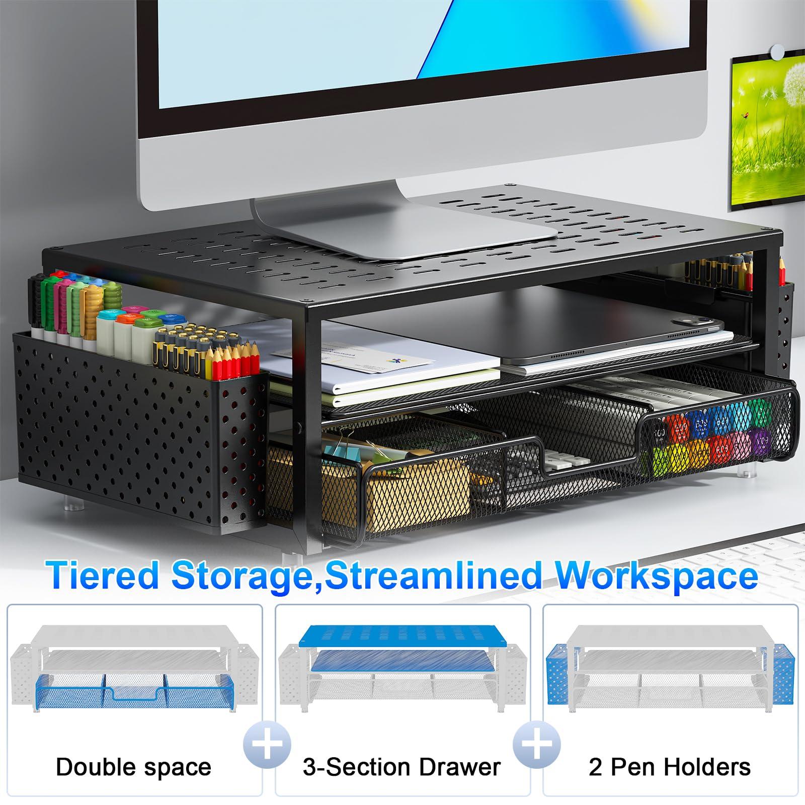 gianotter Desk Organizers and Accessories, Monitor Stand with Drawer and 2 Pen Holder, Desktop Organizer Suitable for Offices and Dormitories (Black) - Image 5