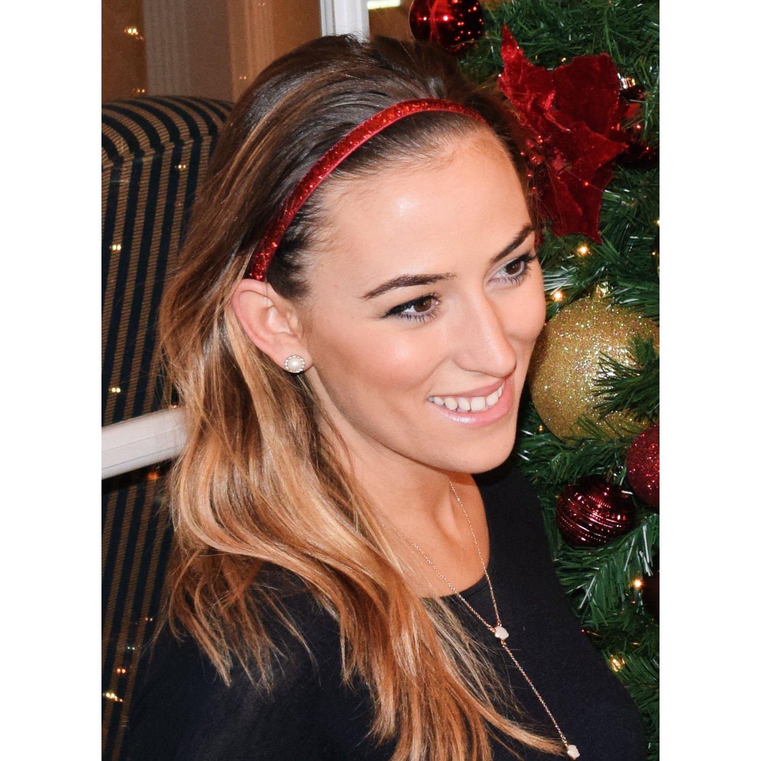 Sweaty Bands Womens Girls Headband - Non-Slip Velvet-Lined Sparkle Hairband - Viva Diva Red 3/8-Inch - Image 2