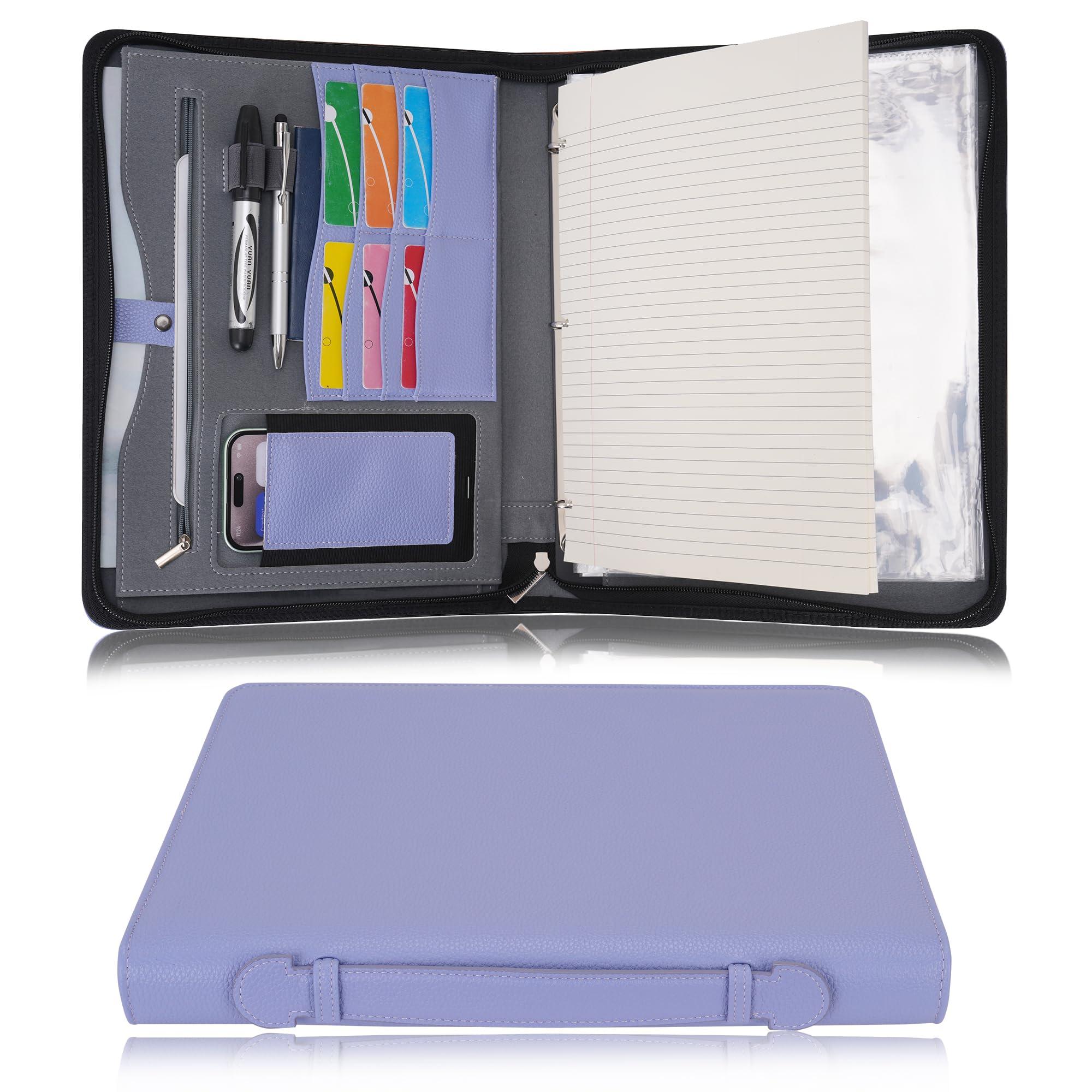 Wonderpool Travel Zippered Portfolio 3 Ring Binder A4 Padfolio Document Case with Removable Clipboard Legal Pad Holder, Business Office School Organizer for Men and Women (Purple)