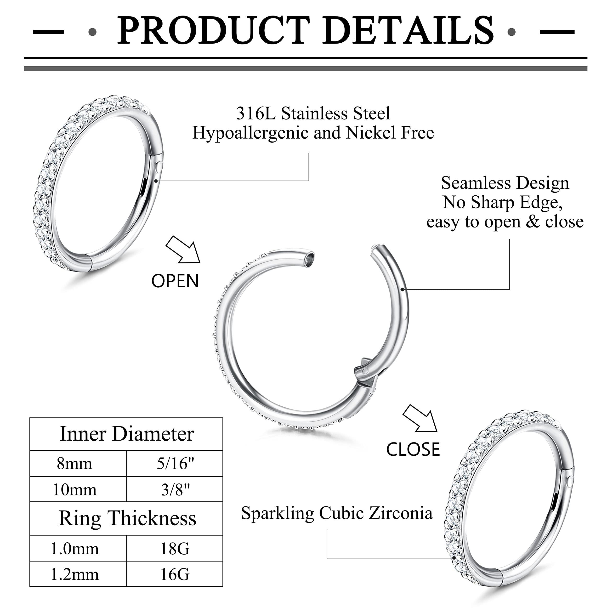 Jstyle 5Pcs 18G 16G Surgical Steel Nose Rings Hoop for Women Opal CZ Clicker Hinged Septum Nose Ring Lip Helix Cartilage Hoop Earring Daith Rook Conch Piercing Jewelry for Women 8mm 10mm - Image 2