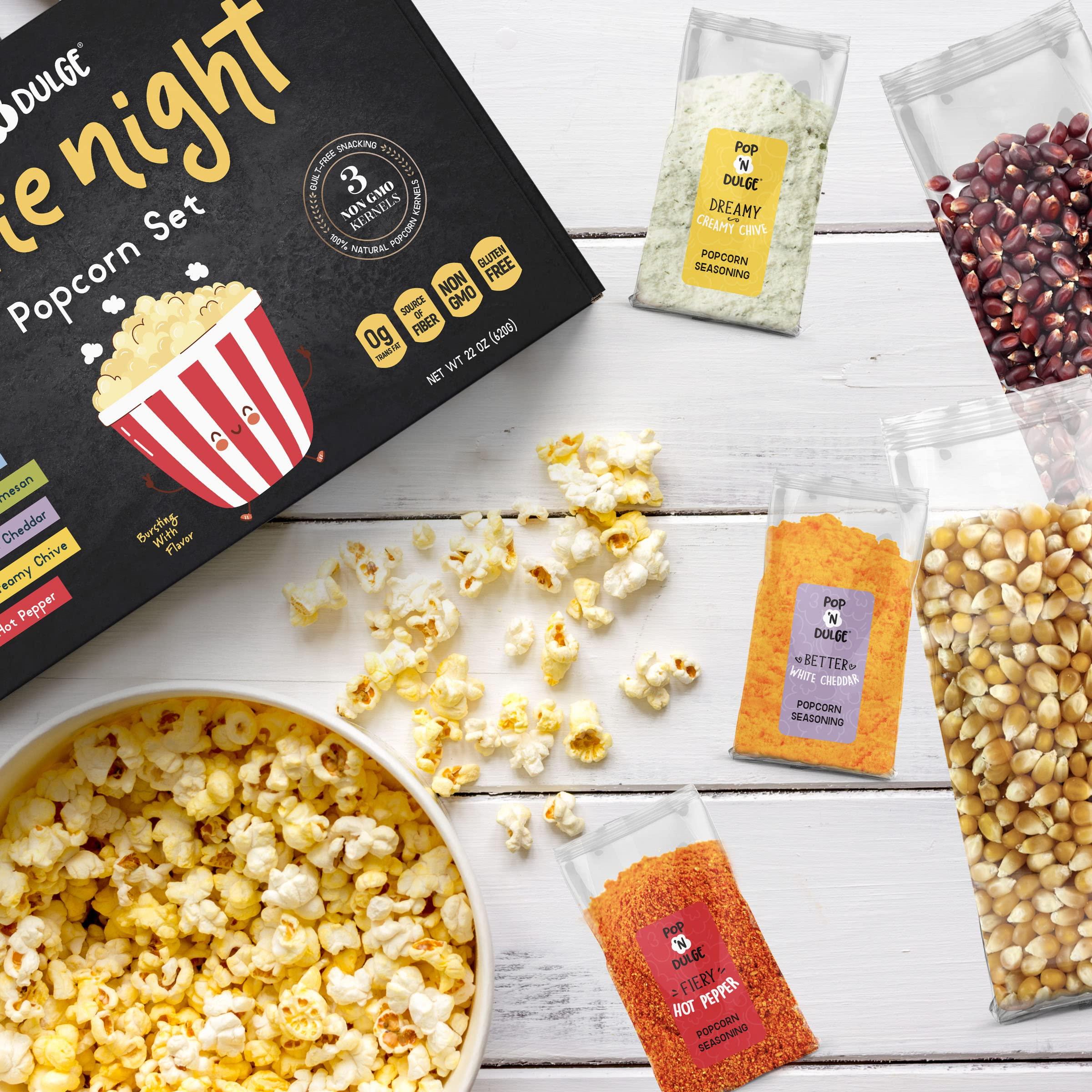 Pop n' Dulge Popcorn Movie Night Supplies 16 pcs Gift Set, 5 Gourmet Popcorn Kernels, 5 Seasoning Variety Packs Non-GMO Kosher Snacks, Great Housewarming Family Date Night Gifts Basket Ideas For Him Her - Image 7