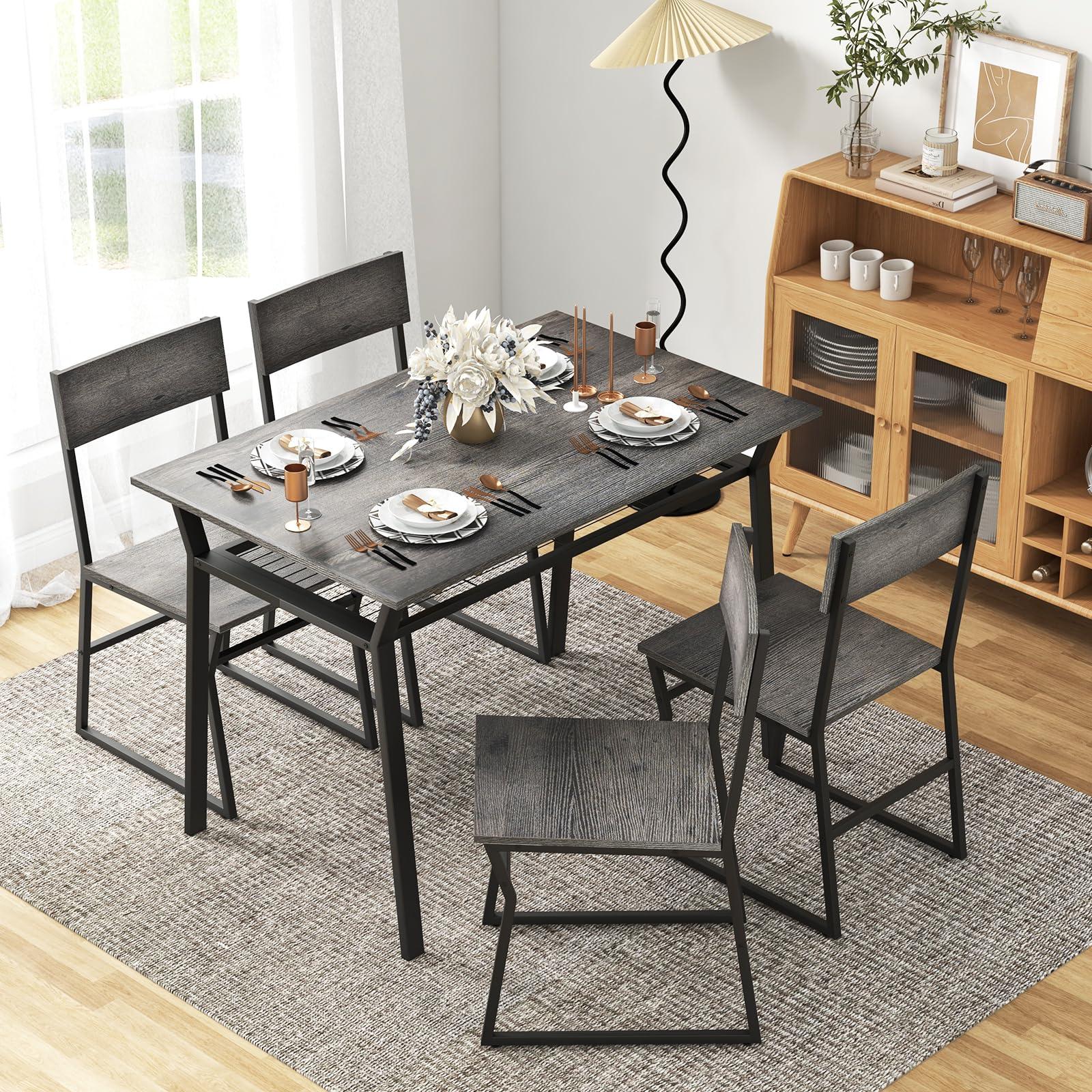 Tangkula Dining Table Set for 4, Kitchen Table and Chairs for 4 with Storage Rack, Space-Saving Dinette Set for Kitchen Dining Room (Grey) - Image 2