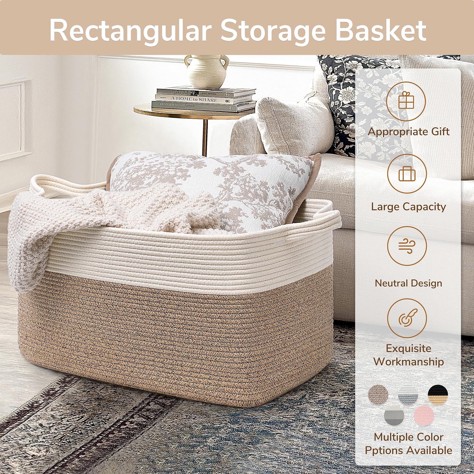 Goodpick Large Woven Blanket Basket, 21.6" x 14.9" x 11.8" Storage Baskets for Organizing, Rectangle Cotton Rope Toy Basket for Living Room, Bedroom, White & Brown - Image 7