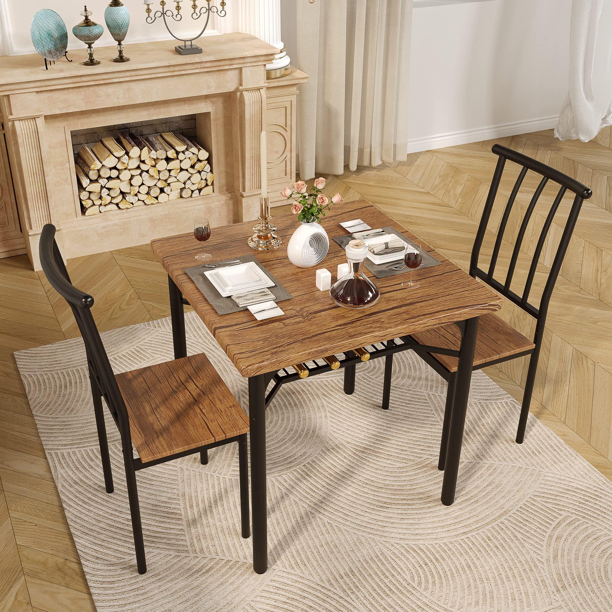 IDEALHOUSE Dining Table Set, Kitchen Table and Chairs for 2 with Wine Rack, 3 Piece Metal and Wood Square Dining Room Table Set for Small Space, Apartment, Rustic Brown - Image 4