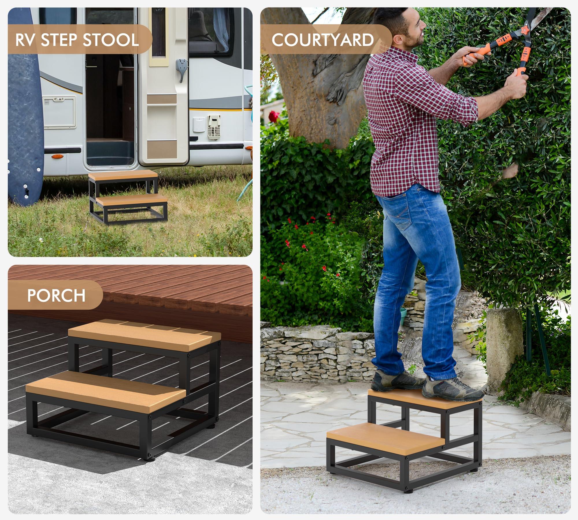 Y&M Two Step Stool for Adults Kids, Waterproof HPDE Bed Step Foot Stool with Adjustable Non-Slip Feet, Metal Frame Stepping for Kitchen Bathroom Bedroom Living Room, Indoor or Outdoor Use, Brown - Image 8