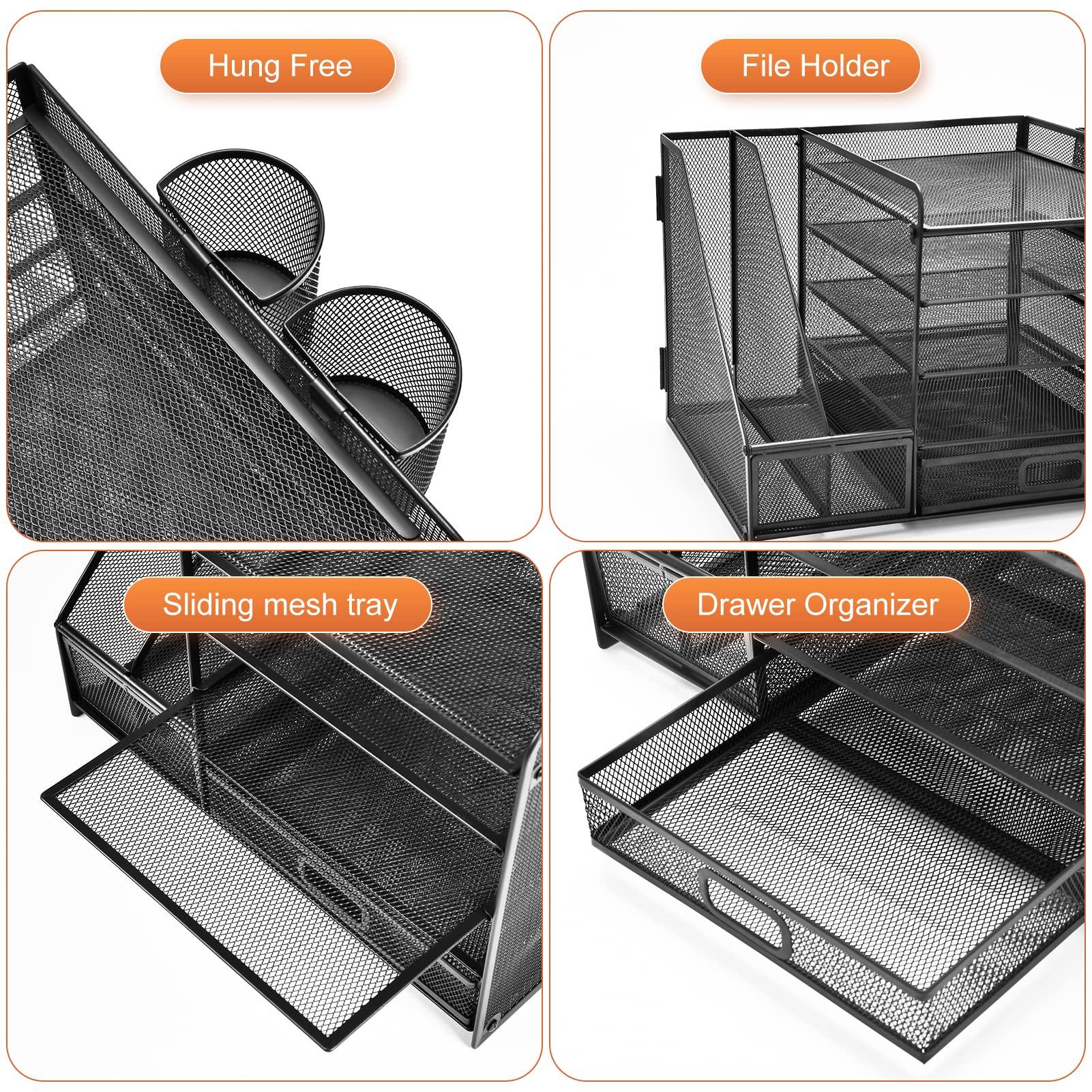 Marbrasse Desk Organizer with File Holder, 5-Tier Paper Letter Tray Organizer with Drawer and 2 Pen Holder, Mesh Desktop Organizer and Storage with Magazine Holder for Office Supplies(Black) - Image 5