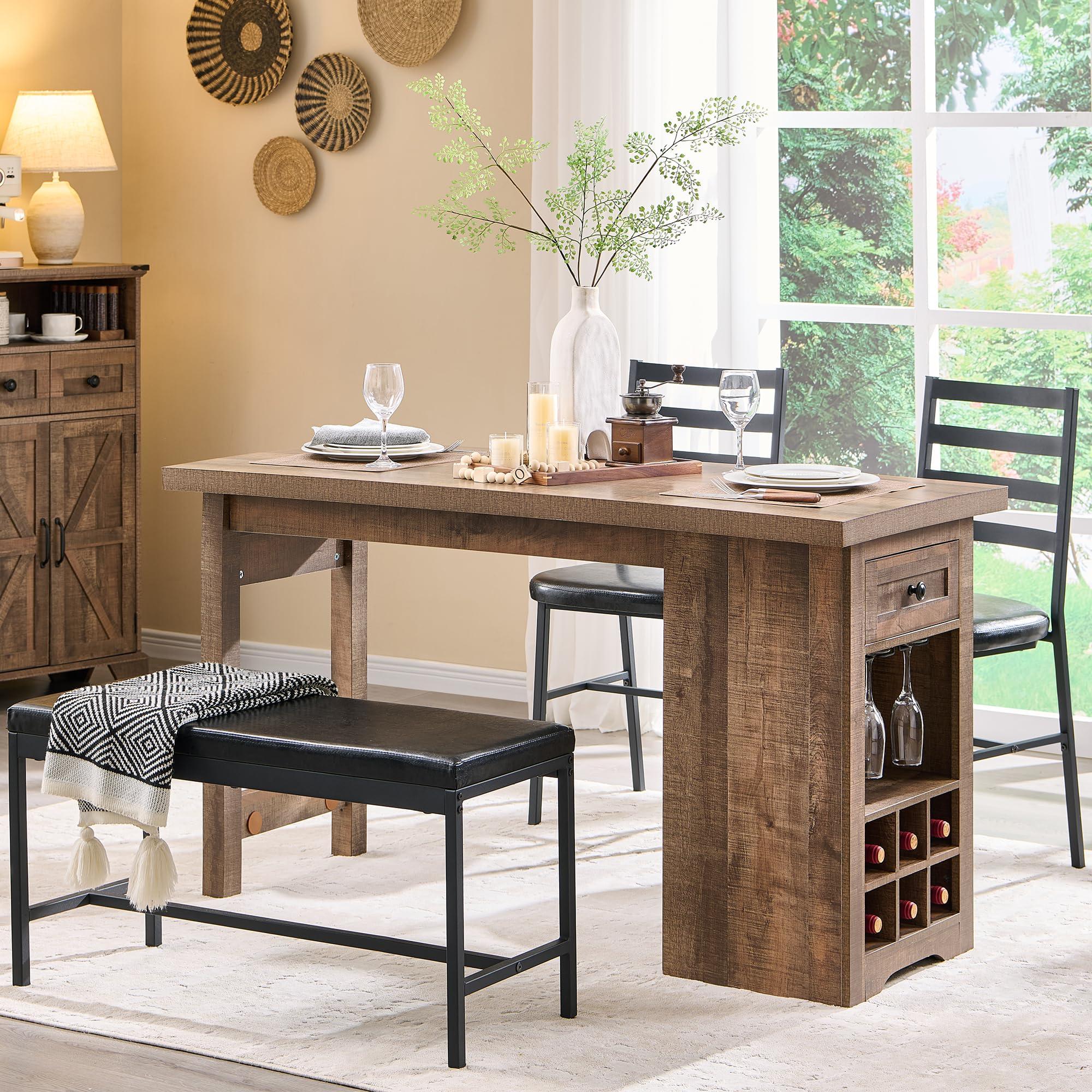 ACCOHOHO Farmhouse Dining Table Set for 4, 55" Large Kitchen Table Set with 2 Chairs and Bench, Rustic Wood Dining Bar Table with Drawer and Wine & Galsses Rack (Light Brown)