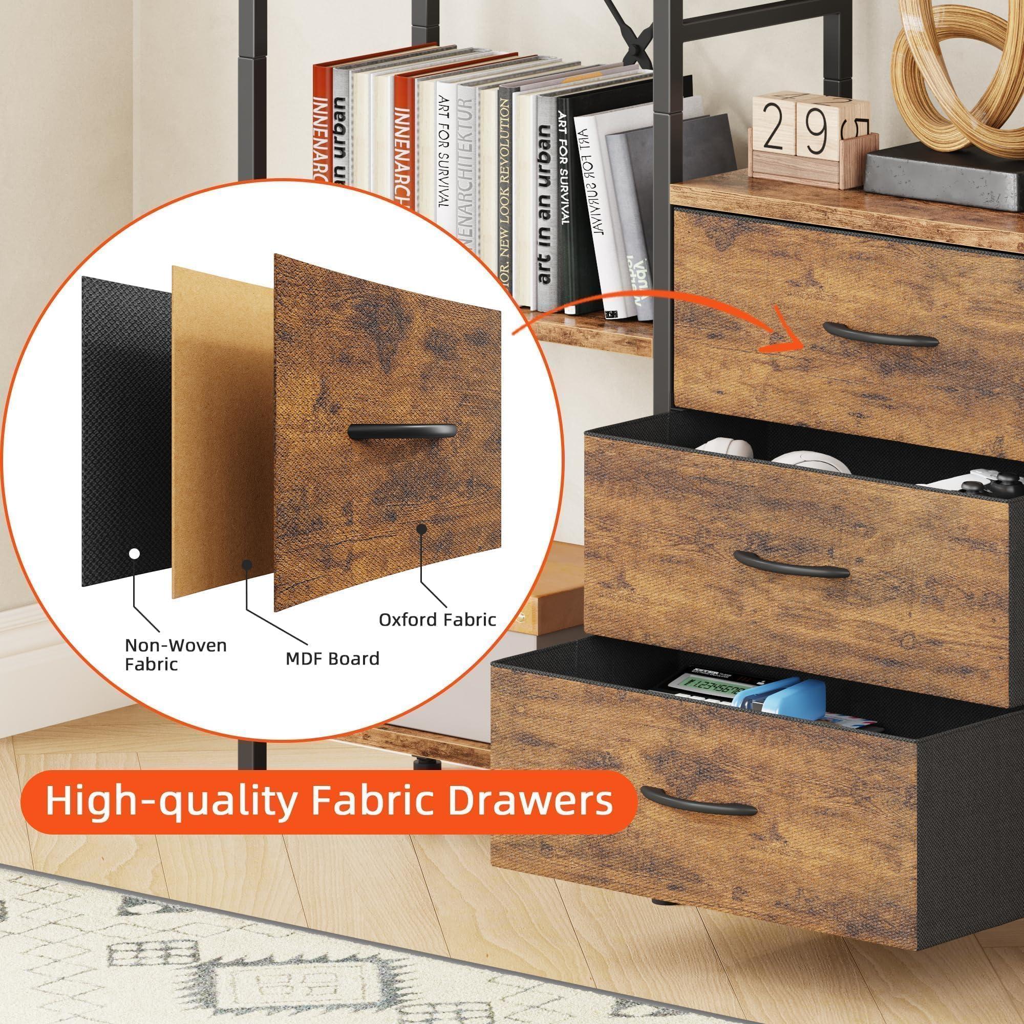 AFLUI Triple Bookshelf with 3 Fabric Drawers, 4-Tier Book Shelf and 10 Display Shelves, Industrial Large Bookcase for Home & Office, Rustic Brown, 47'' Wide - Image 4