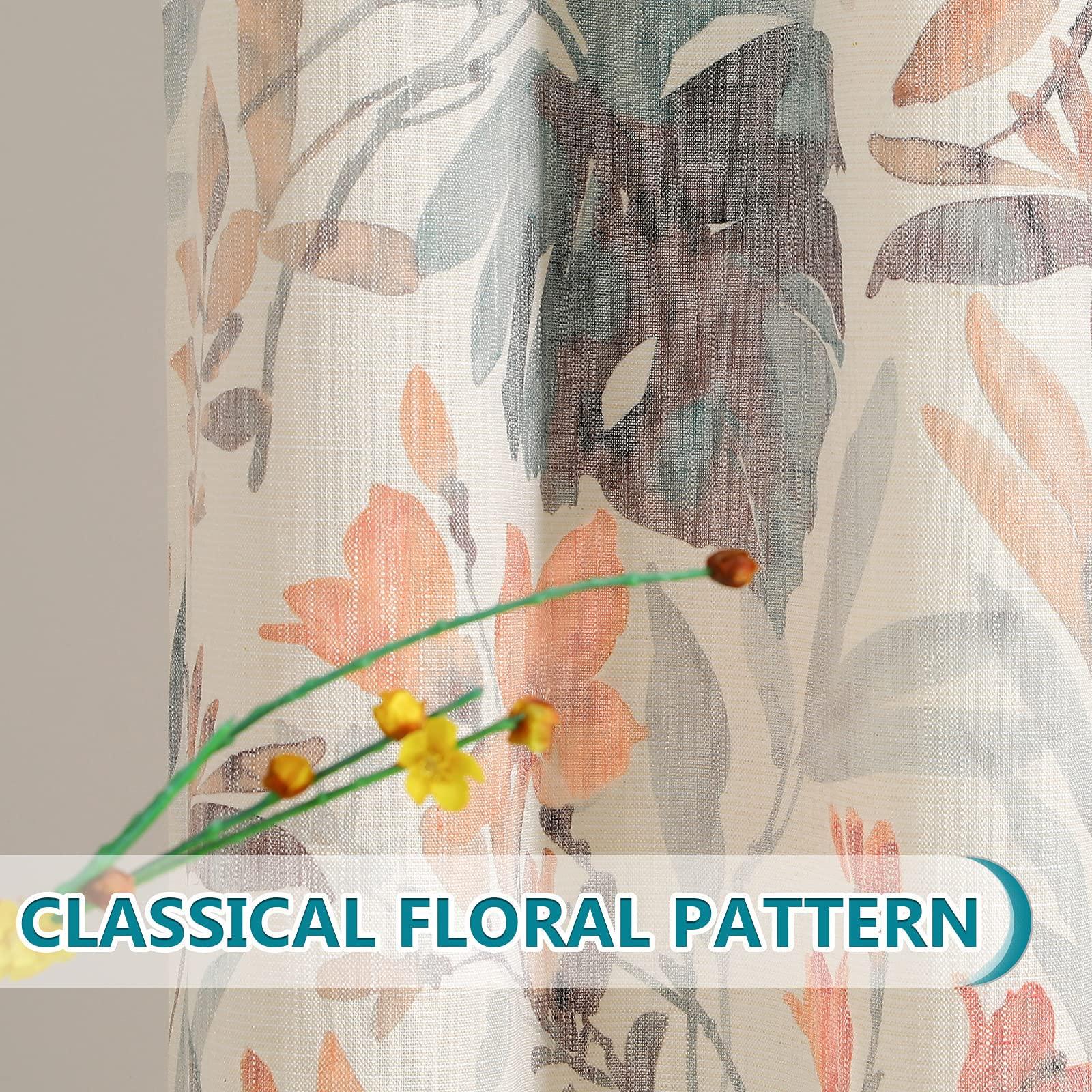 MYSKY HOME Floral Curtains 84 inches Long Printed Grommet Cotton Curtains for Living Room Bedroom Light Filtering Linen Style Curtain Burlap Effect Drape Window Treatments, 2 Panel Coral and Natural - Image 5