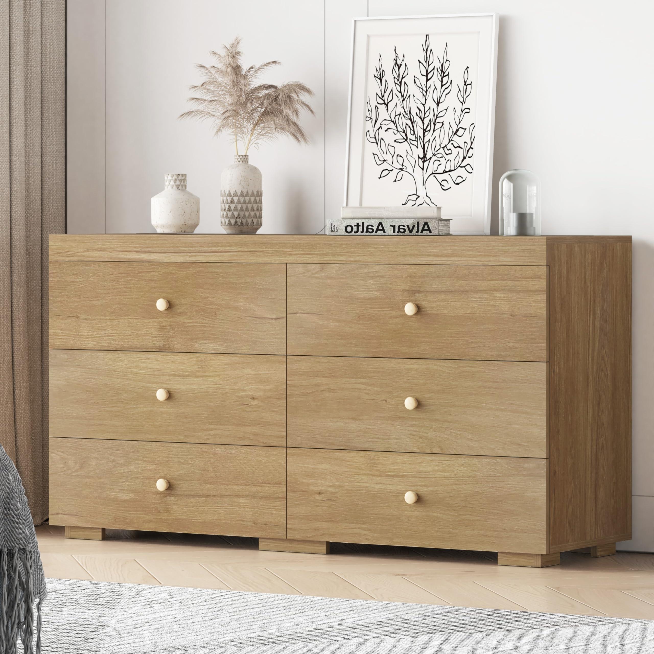 Zenflare Dresser for Bedroom 6 Drawer Wood Dresser 58.3" Wide, Large Chest of Drawers for Bedroom, Living Room, Hallway, Entryway, Modern TV Stand Drawer Organizer, Light Oak