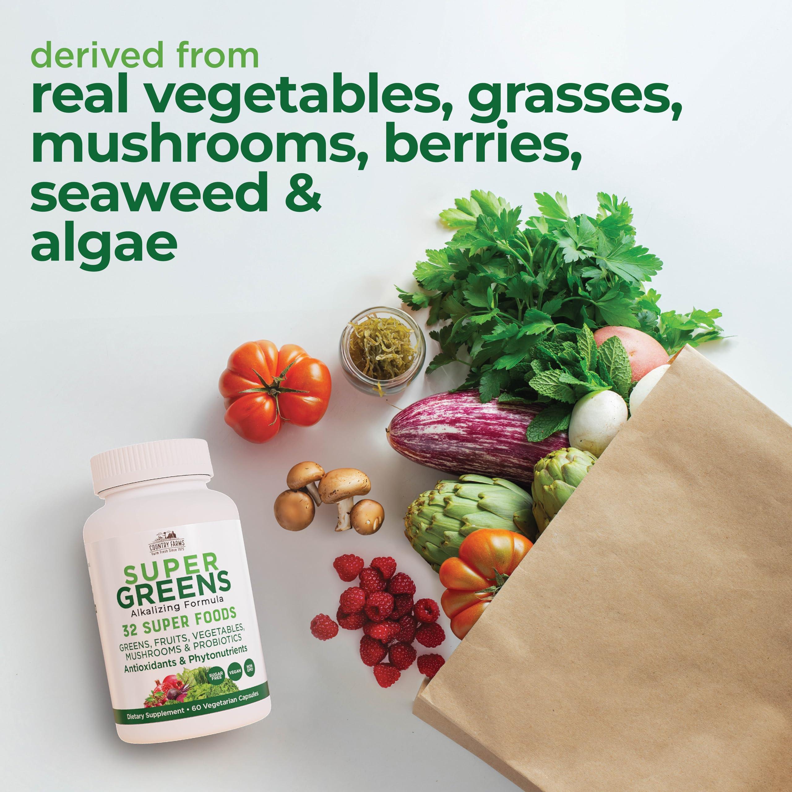 COUNTRY FARMS Super Greens Vegicaps, 32 Super Foods, Whole Food Supplement, Greens, Fruit, Vegetables, Mushrooms & Probiotics, Rich in Antioxidants & Phytonutrients, 60 Count, 30 Servings - Image 4