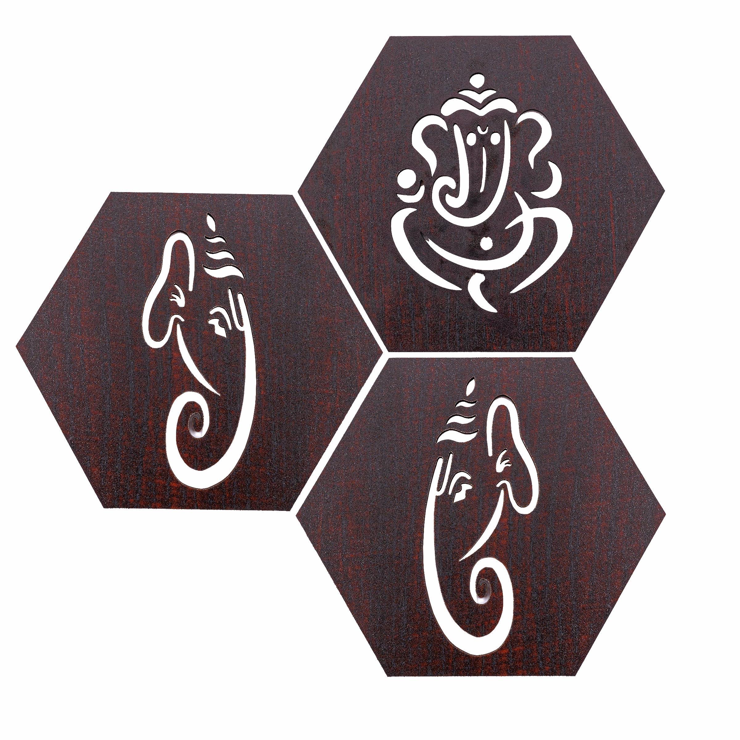 Tarini Gallery Wooden Ganesha Design Set of 3 Handcrafted Sculpture Wall Hanging Decorative Showpiece for Home Office Temple Yoga Meditation Décor and Gifting (Ganesh)