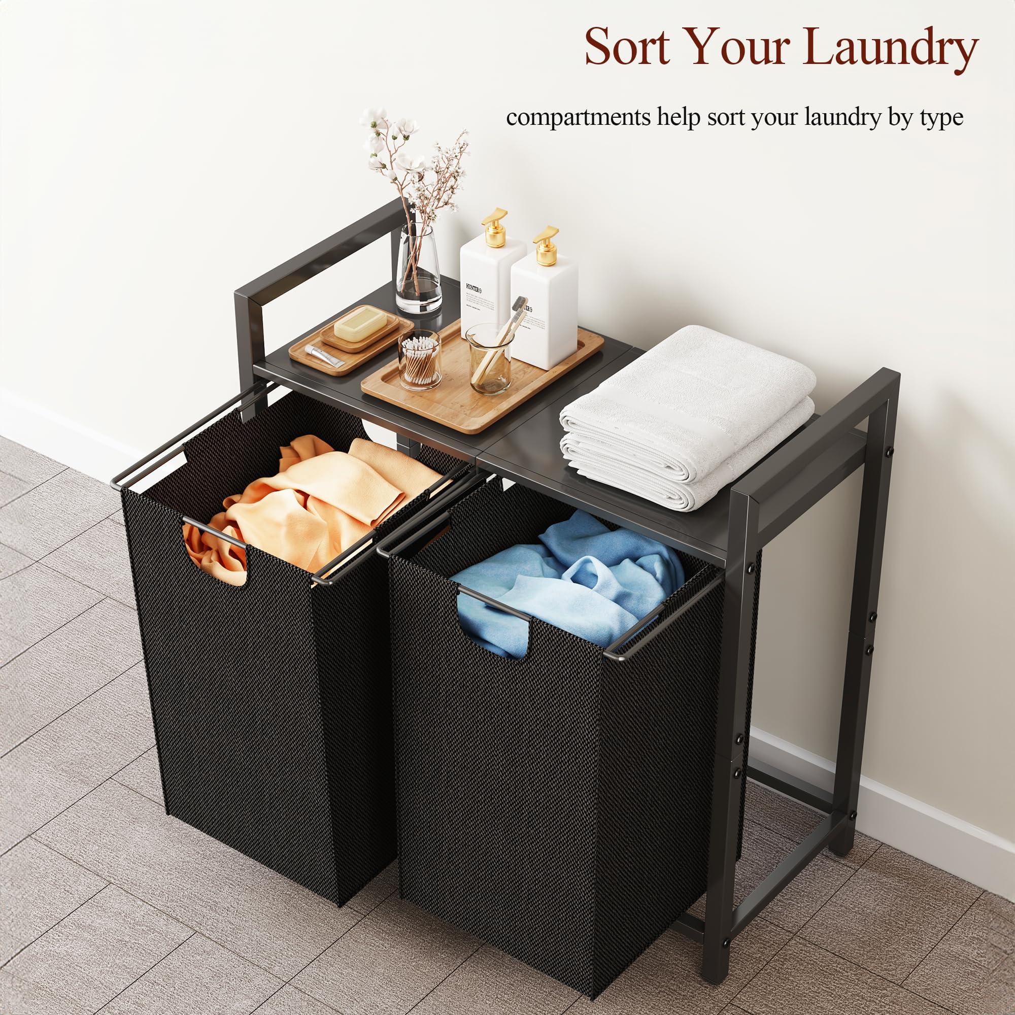 Kitstorack Laundry Basket Organizer, Laundry Hamper with Shelf & 2 Pull-Out Removable Bags, Dirty Clothes Hamper Organizer for Laundry Room Bathroom and Dorm, 2 x 11.8 gallons (44.5L) - Image 8