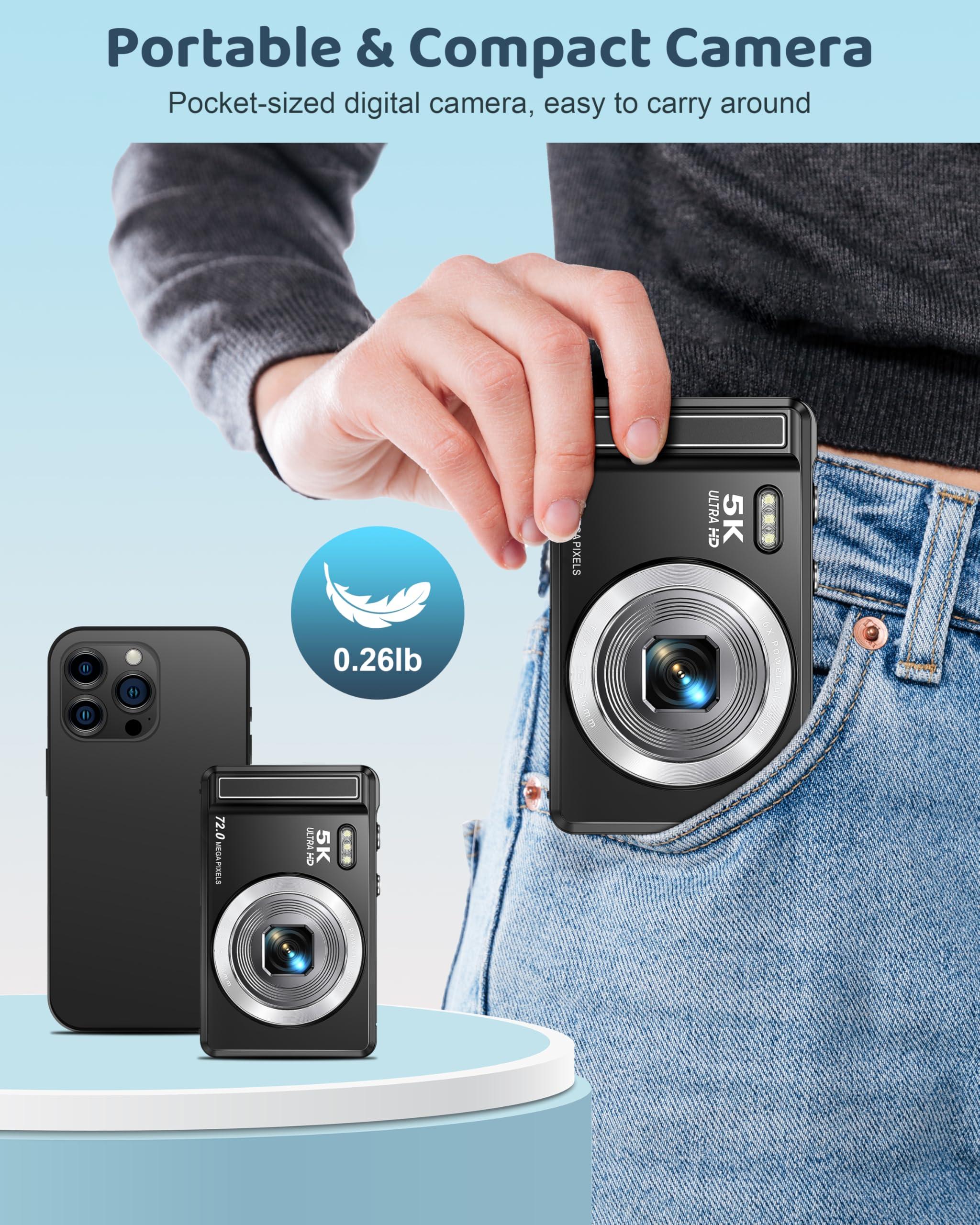 5K Digital Camera - 72MP UHD Digital Cameras for Photography - Autofocus Point and Shoot Small Camera with Flash for Kids - 2.8 Inch Screen Compact Portable Vlogging Camara with 16X Zoom, 32GB SD Card - Image 5