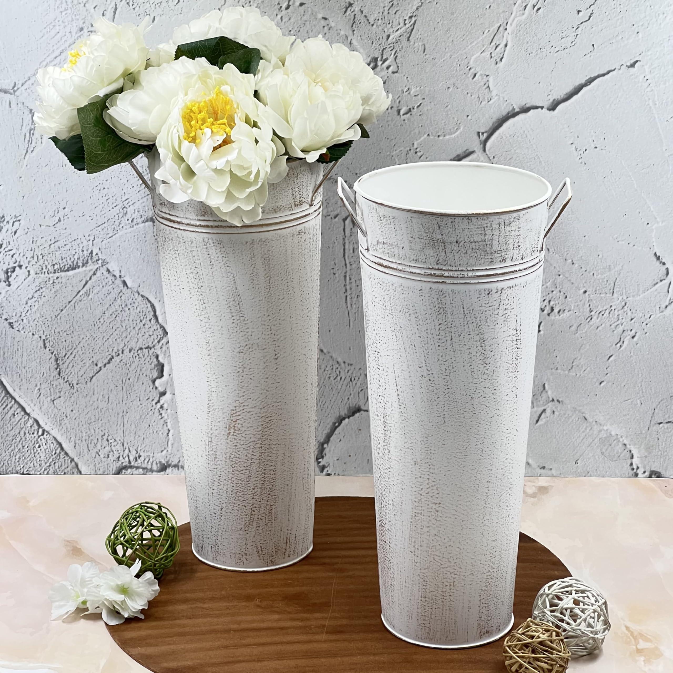 Hosley Set of 2 White Metal French Bucket with Handles & PVC Liner, 6" Dia x 15" H for Weddings, Parties, Country Picnics, Floral Arrangements, Tableware Storage, or Gardens - Rustic Farmhouse Décor - Image 2