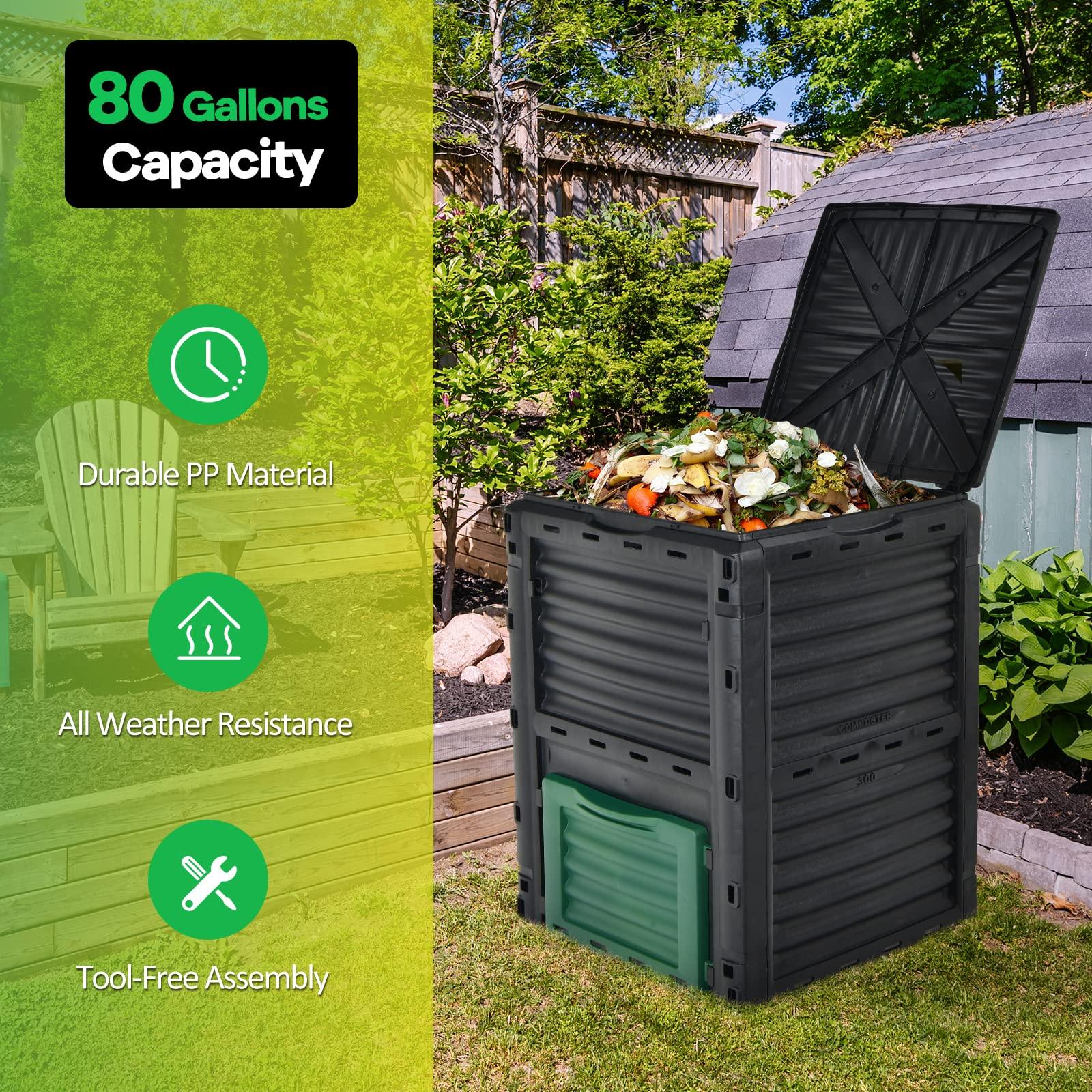 Goplus Compost Bin, 80 Gallon (300 L) Large Outdoor Composting Box w/Top Flip Latch-on Lid, Bottom Exit Door, BPA Free Material, Grass Food Trash Composter Barrel for Garden Yard, Easy Assembly - Image 7