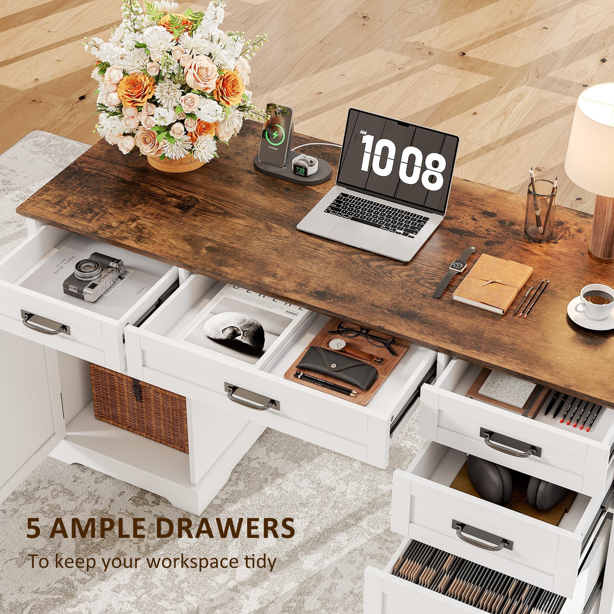Whalefall 55'' Farmhouse Desk Home Office with Drawers, Executive Computer Desk Wooden with File Cabinet and Charging Station, White - Image 8