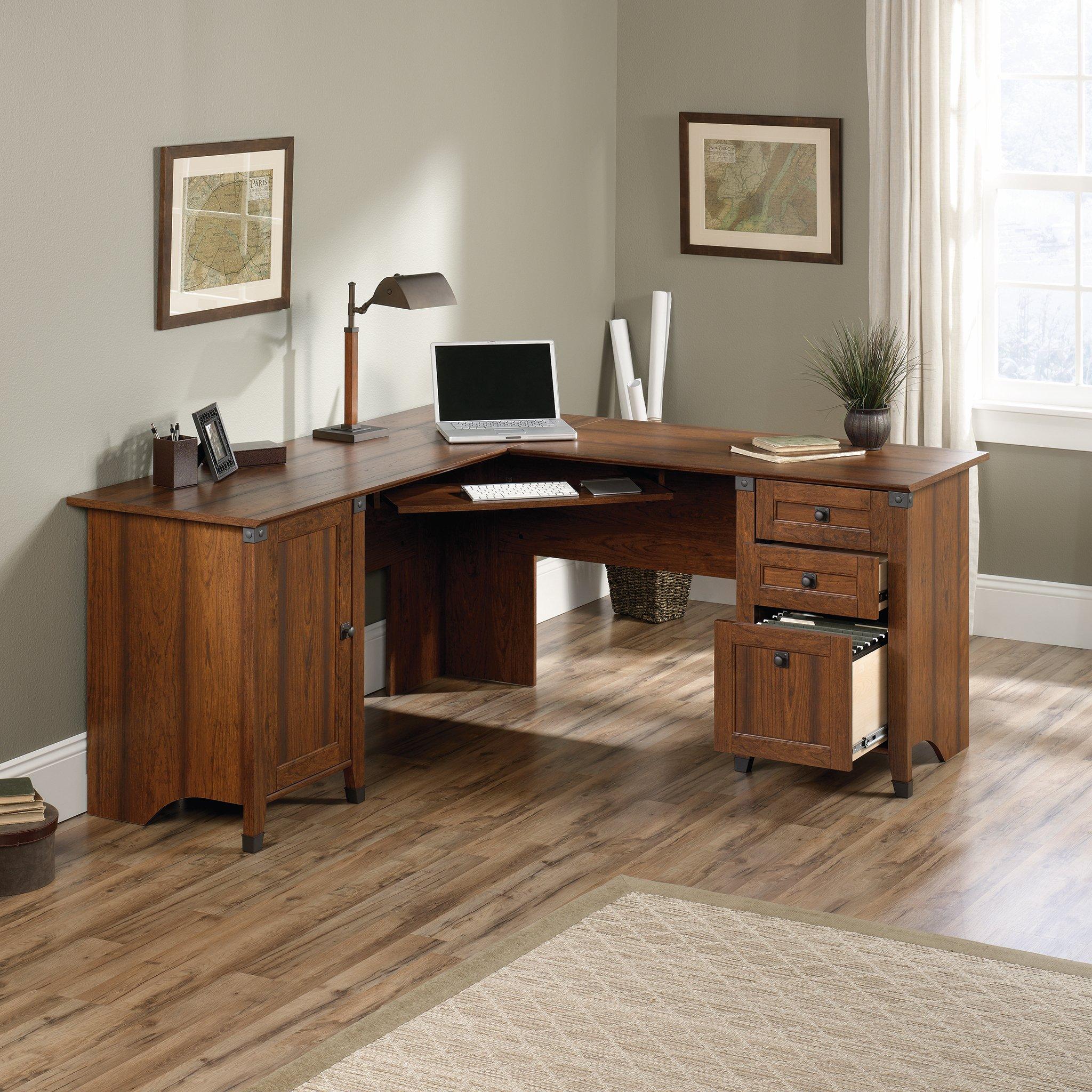Sauder Carson Forge Corner Computer, Rustic Vintage L-Shaped Desk, L: 66.14" x W: 66.14" x H: 29.88", Washington Cherry - Image 4