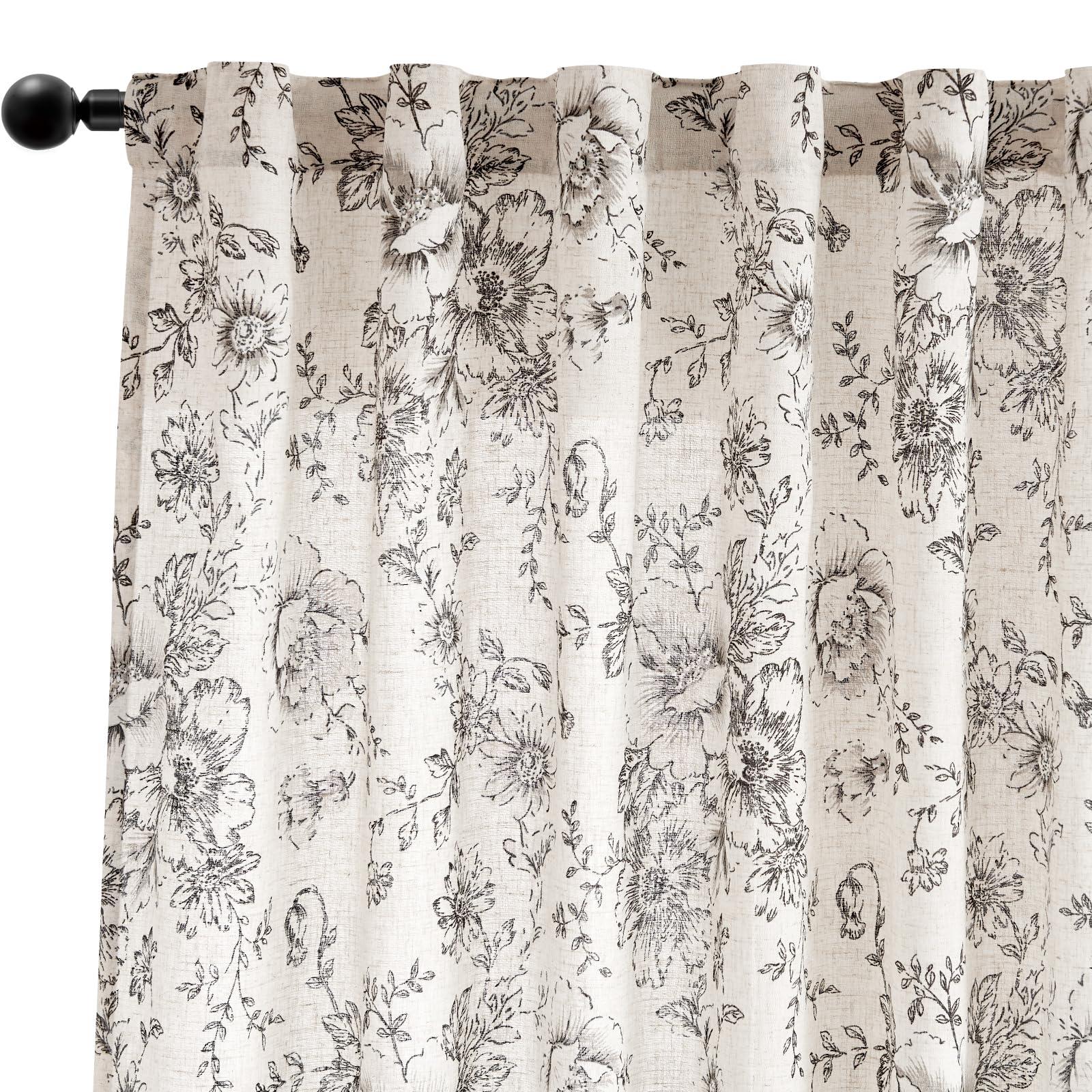 jinchan Linen Blend Curtain Floral Curtains for Living Room 84 Inch Length Black Printed Curtains Rod Pocket Back Tab Farmhouse Peony Flower Patterned Drapes Bedroom Window Curtain Set 2 Panels - Image 9