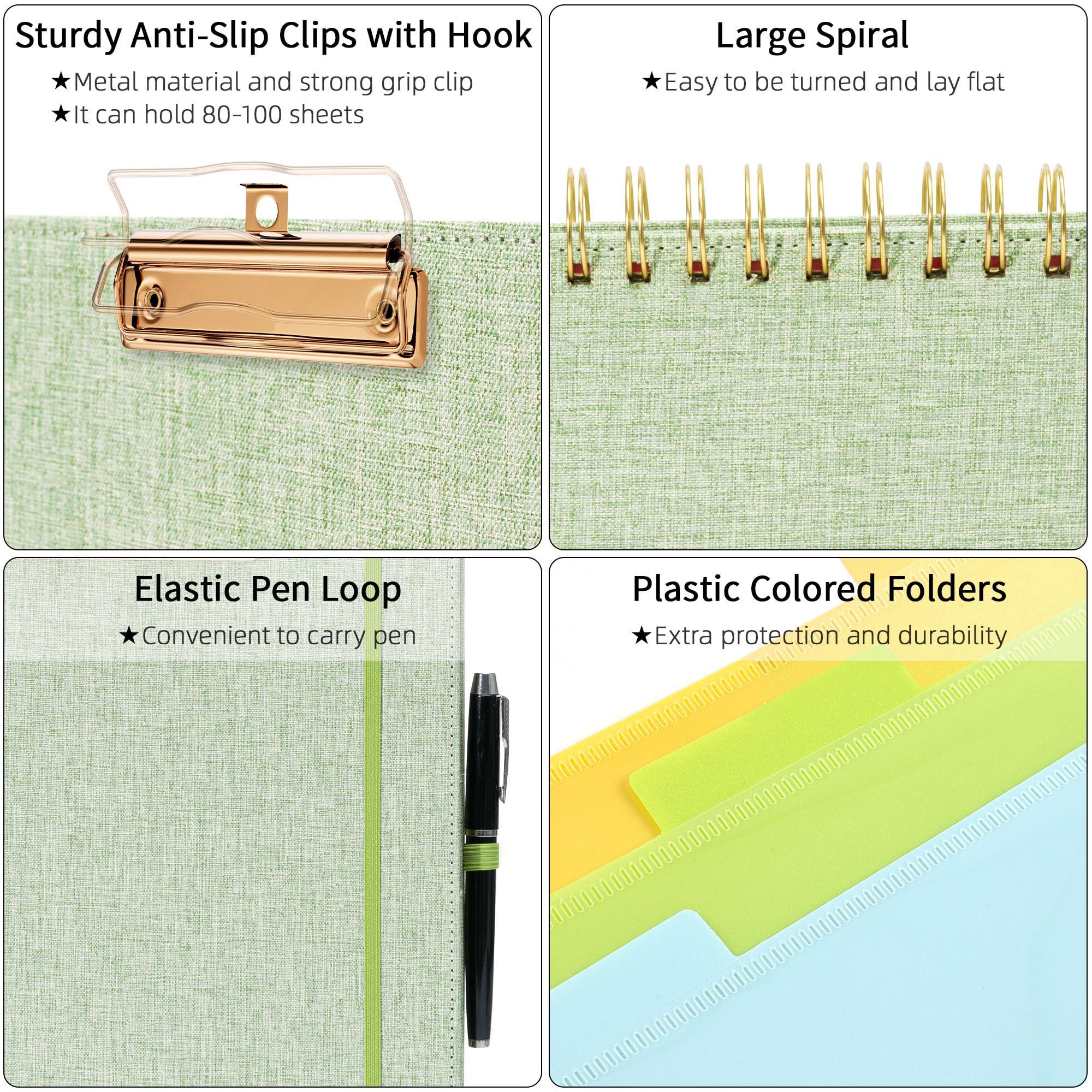 Ospelelf Green Foldable Spiral Clipboard Folio with Storage Zipper Pouch, 5 Plastic Folders with 10 Pockets, Refillable Lined Notepad (11" x 8.5"), Linen Hardcover Project Organizer - Image 5