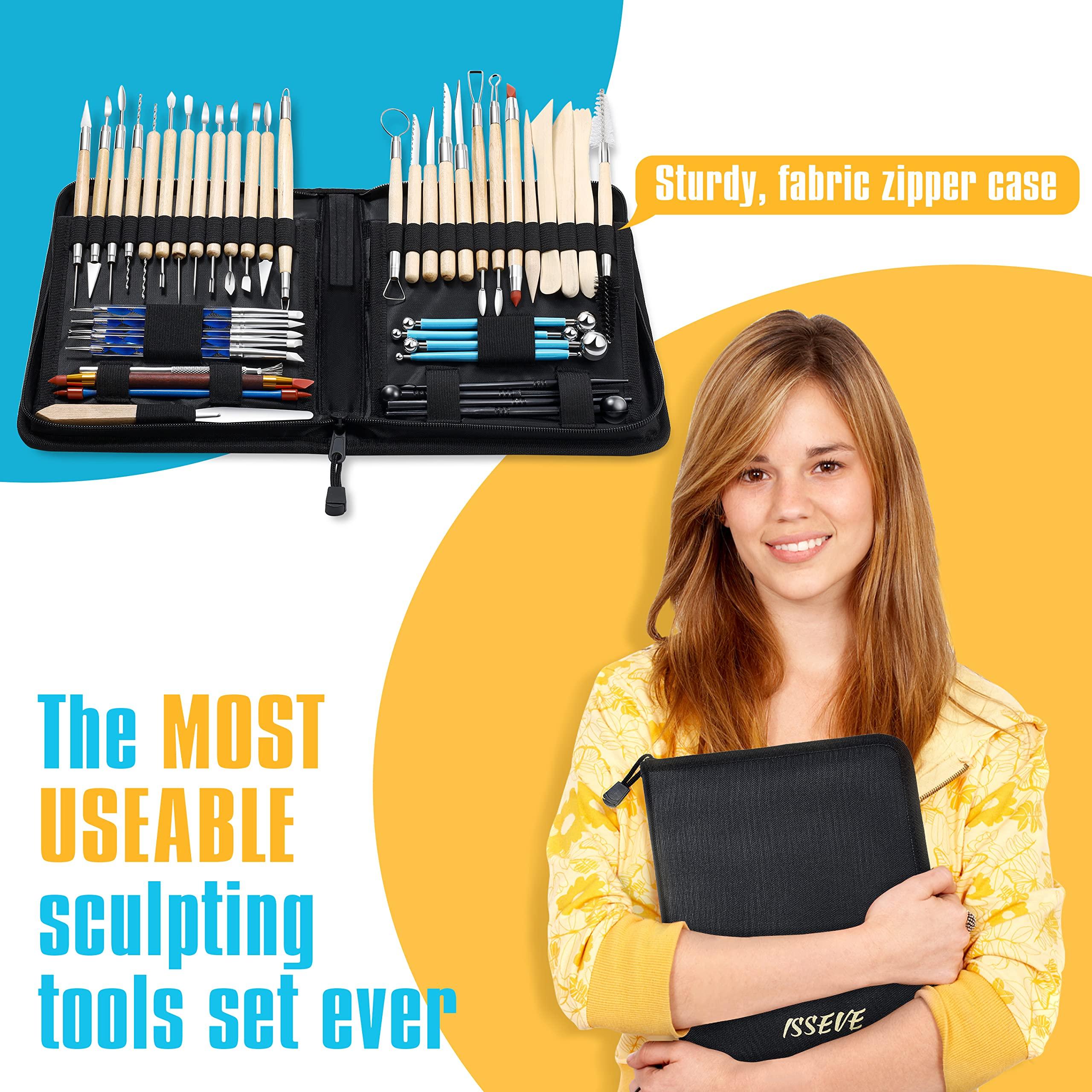 ISSEVE Pottery Clay Sculpting Tools 43Pcs Double Sided Ceramic Clay Carving Tool Set with Upgrade Stand-Up Design Carrying Case for Beginners Professionals School Student Pottery Modeling Smoothing - Image 4