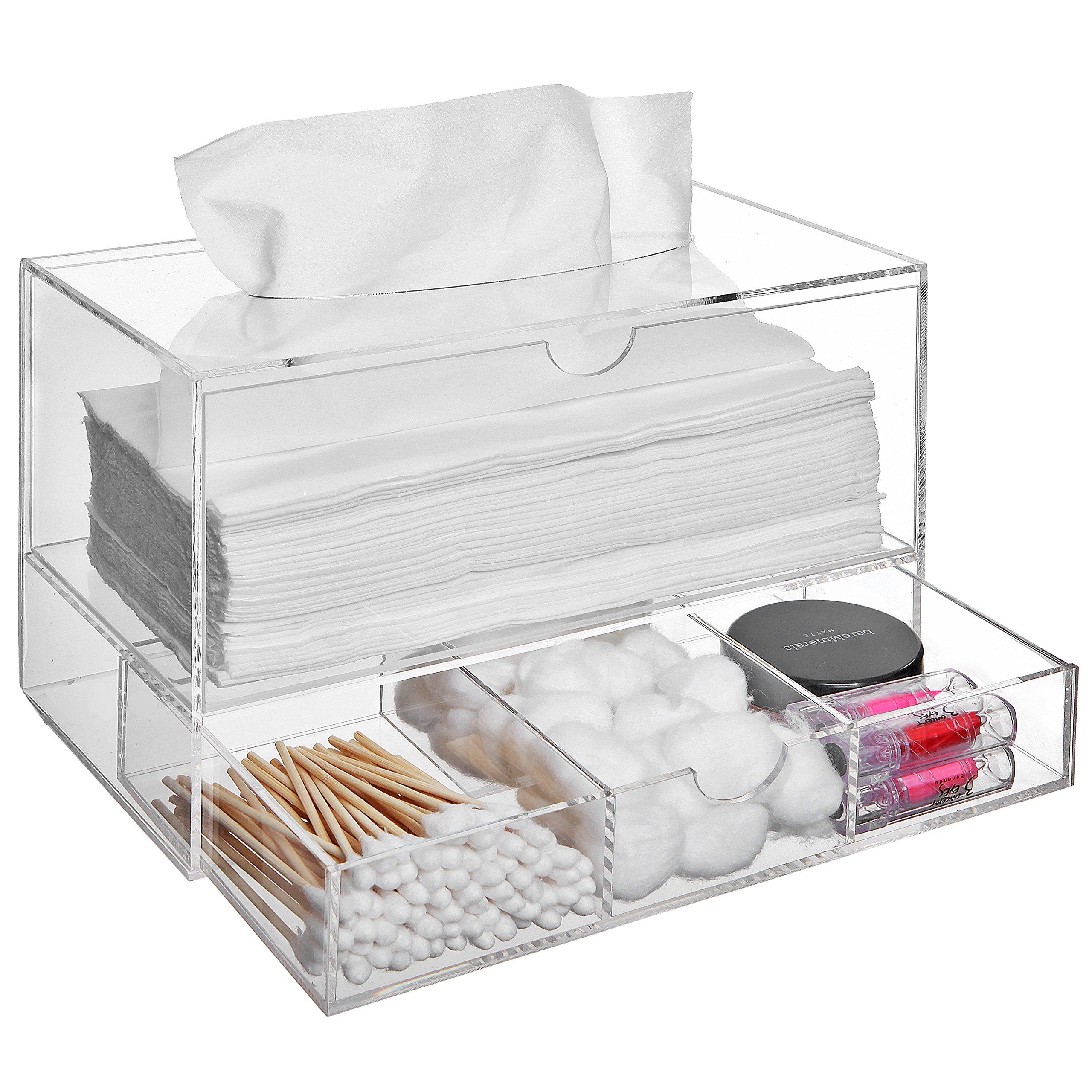 Modern Clear Acrylic Facial Tissue Dispenser Holder with Pull-Out Drawer for Makeup Cosmetics and Accessories, Vanity Countertop Bathroom Supplies Caddy