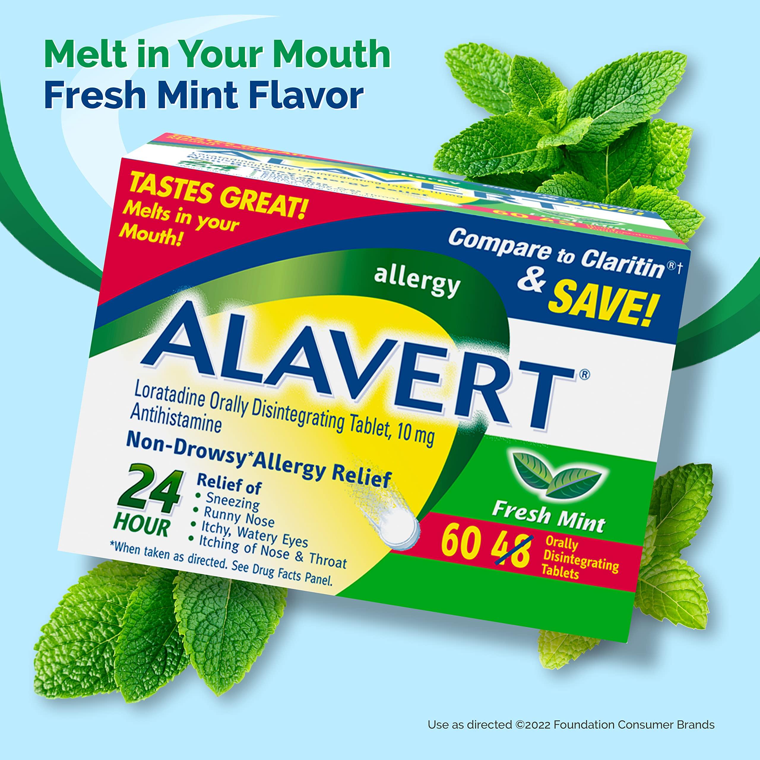 Alavert Allergy 24 Hour Relief, Fresh Mint Flavor, Orally Disintegrating Allergy Tablets, Non-drowsy Antihistamine, Loratadine 10mg, 60 Count - Image 5
