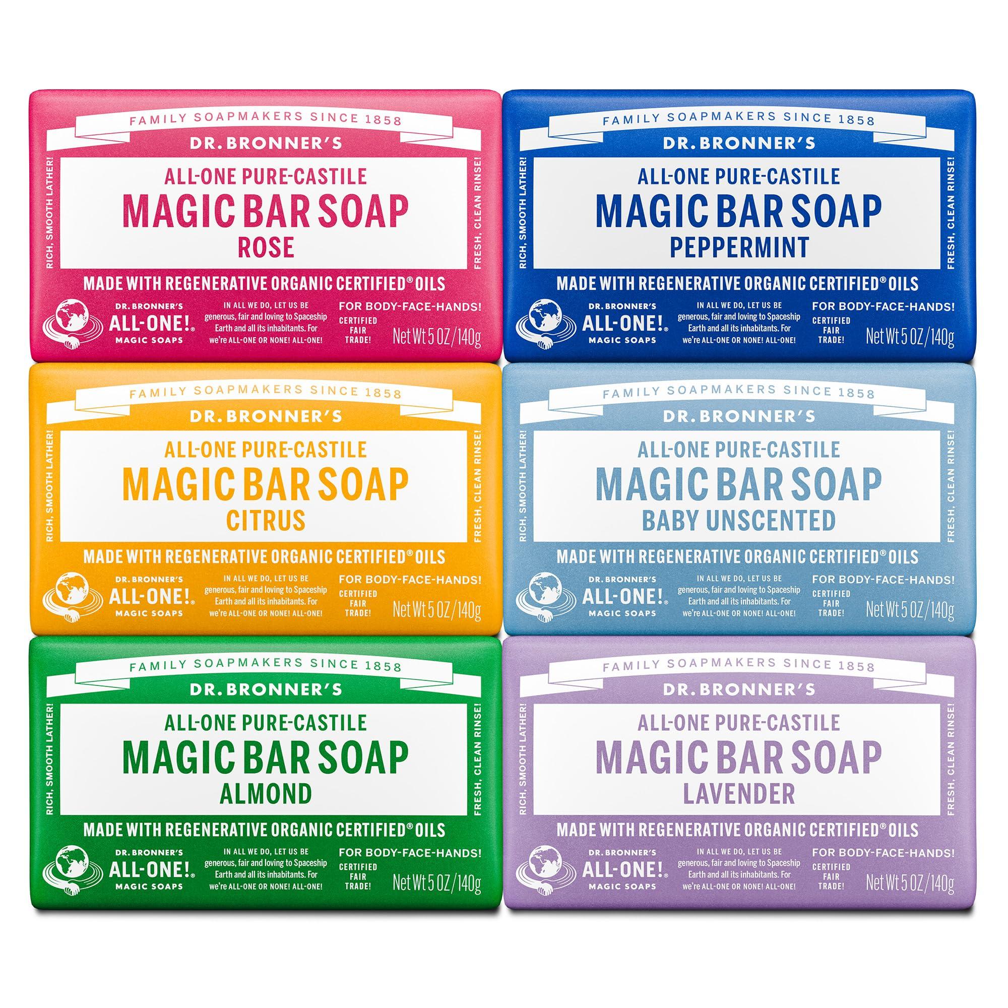 Dr. Bronner's Pure-Castile Magic Bar Soap (5 Ounce Variety Gift Pack) Almond, Unscented, Lavender, Peppermint, Citrus, Rose - Made with Regenerative Organic Certified Oils, Vegan, BIodegradable