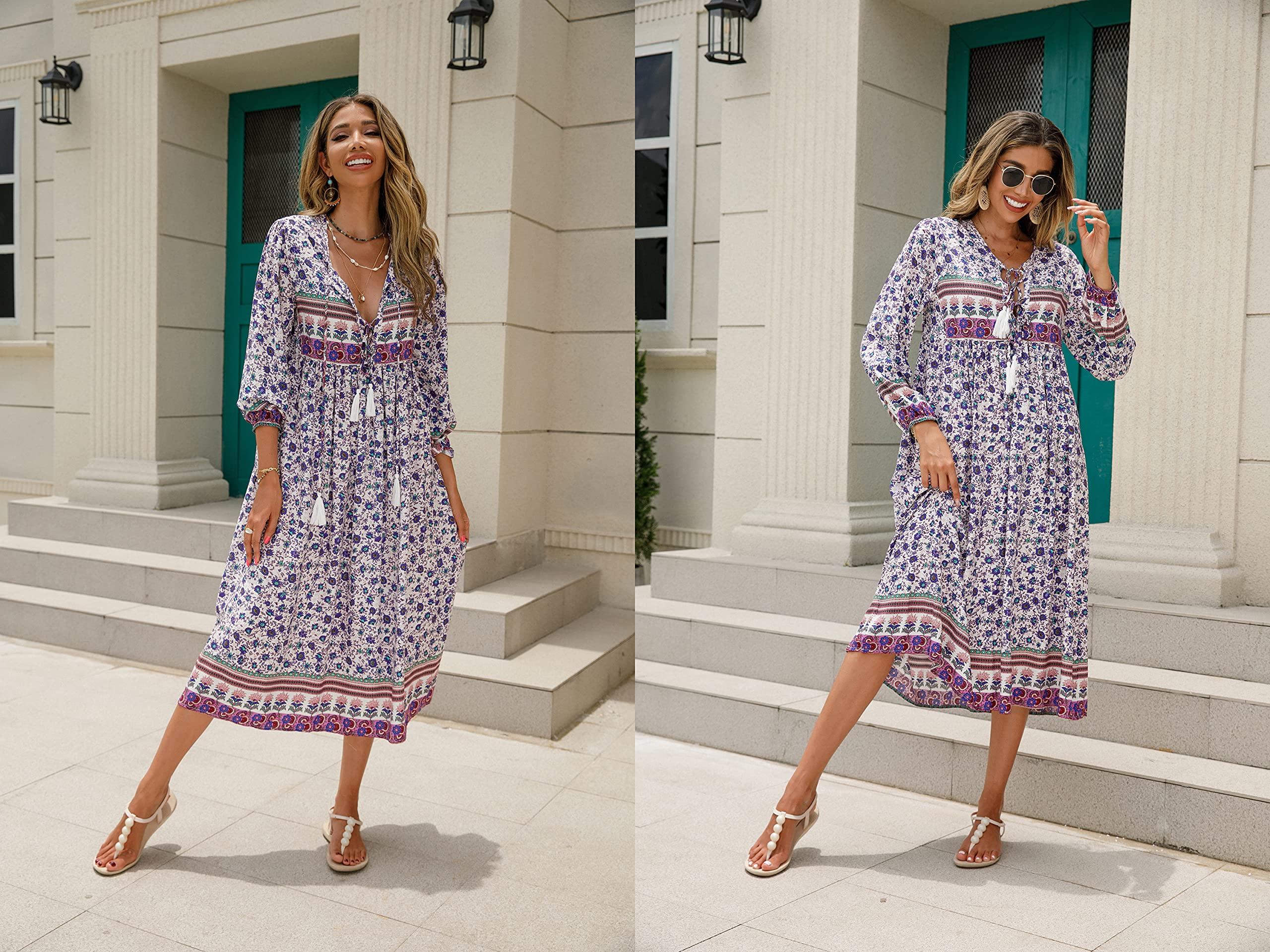 R.Vivimos Women's Long Sleeve Floral Print Retro V Neck Tassel Bohemian Midi Dresses - Image 5