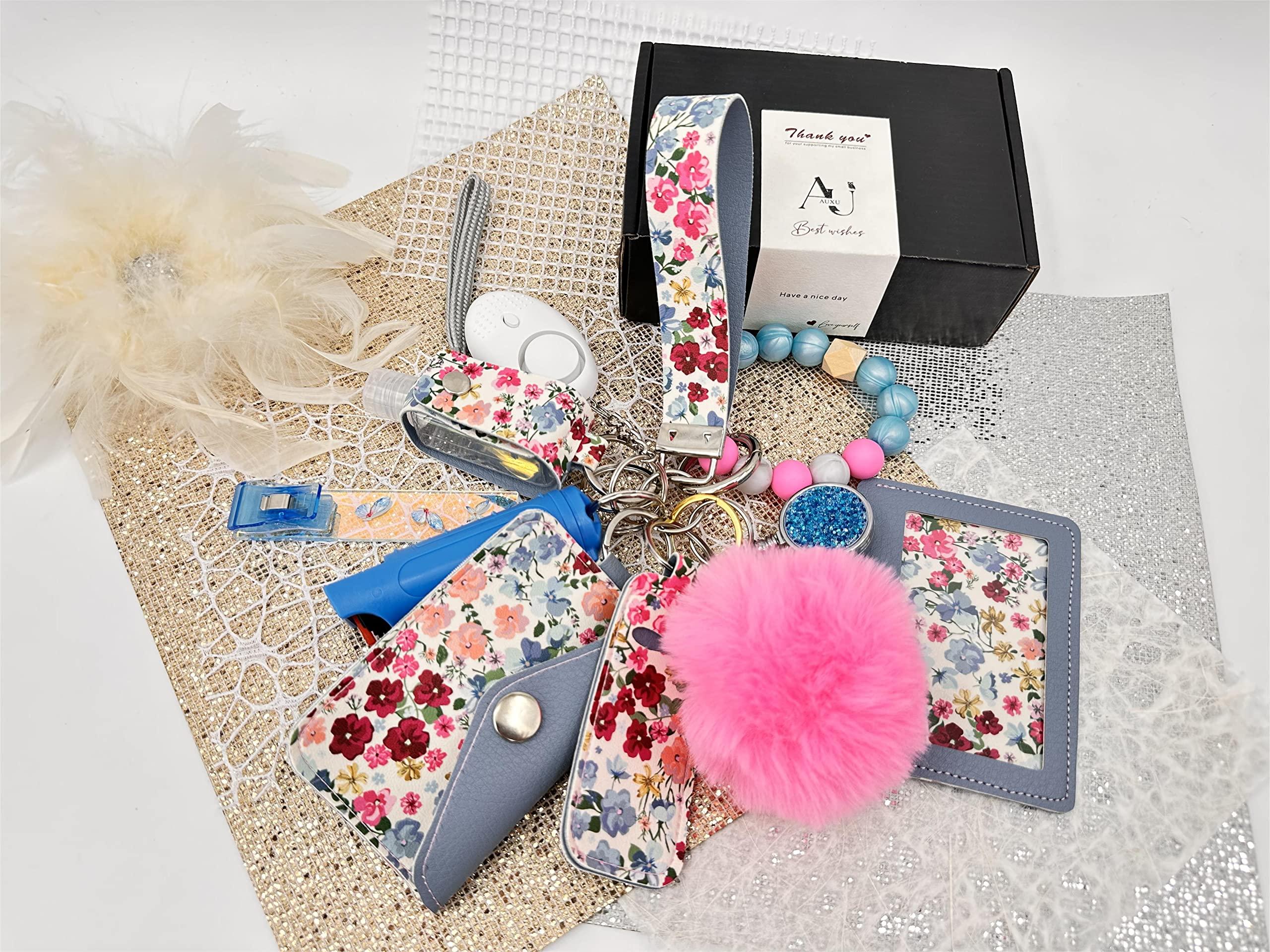 Auxu Keychain Set for Women and Girls Includes Beaded Wristlet, Pom Pom, Credit Card Puller and Personal Alarm - Image 7