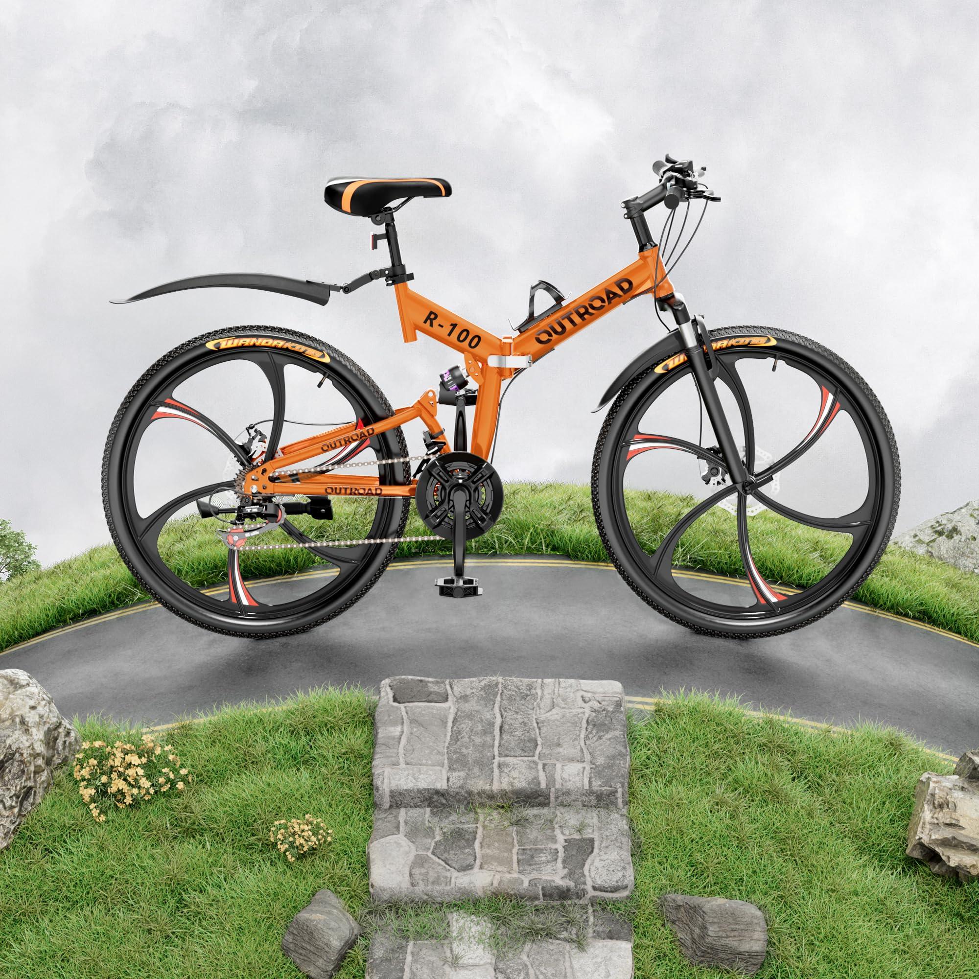 Outroad 26 Inch Folding Mountain Bike, 21 Speed Full Suspension High-Carbon Steel MTB Foldable Bicycle, Dual Disc Brake Non-Slip Folding Bikes for Adults/Men/Women, Black, Orange and Green - Image 2