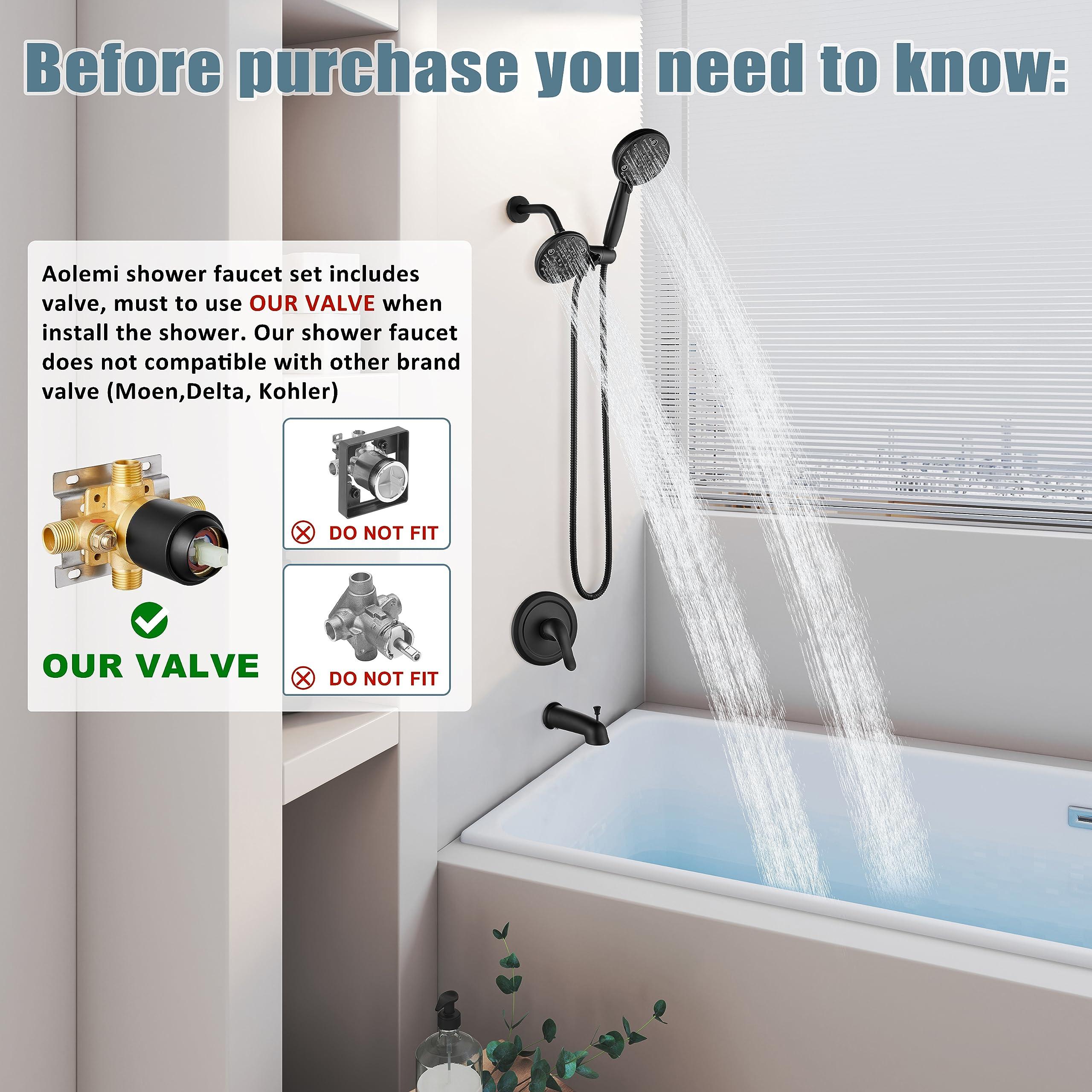 Aolemi Tub Shower Faucet Set with Tub Spout Rain Shower Head System Shower Trim Kit Pressure Rough-in Valve Included ABS 8 Setting Dual Shower Head and Handheld Spray Matte Black - Image 2
