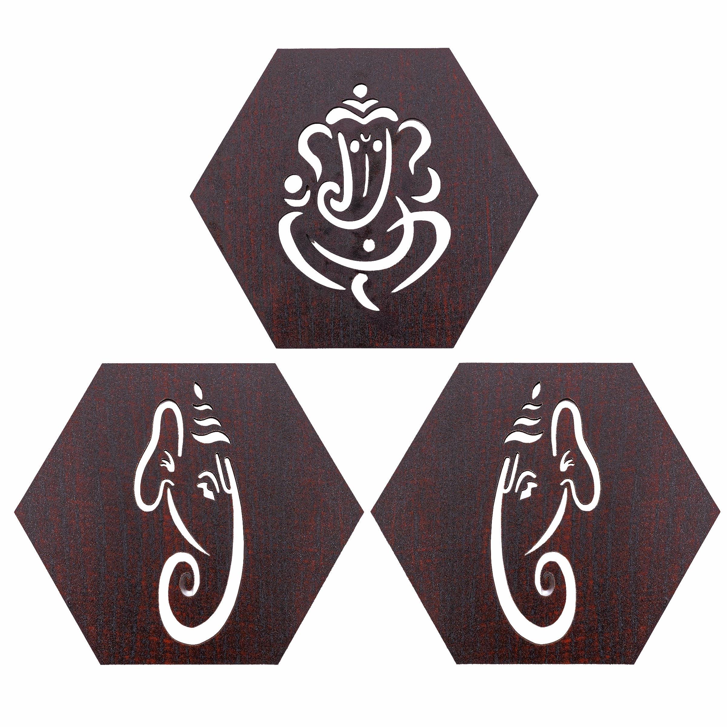 Tarini Gallery Wooden Ganesha Design Set of 3 Handcrafted Sculpture Wall Hanging Decorative Showpiece for Home Office Temple Yoga Meditation Décor and Gifting (Ganesh) - Image 4