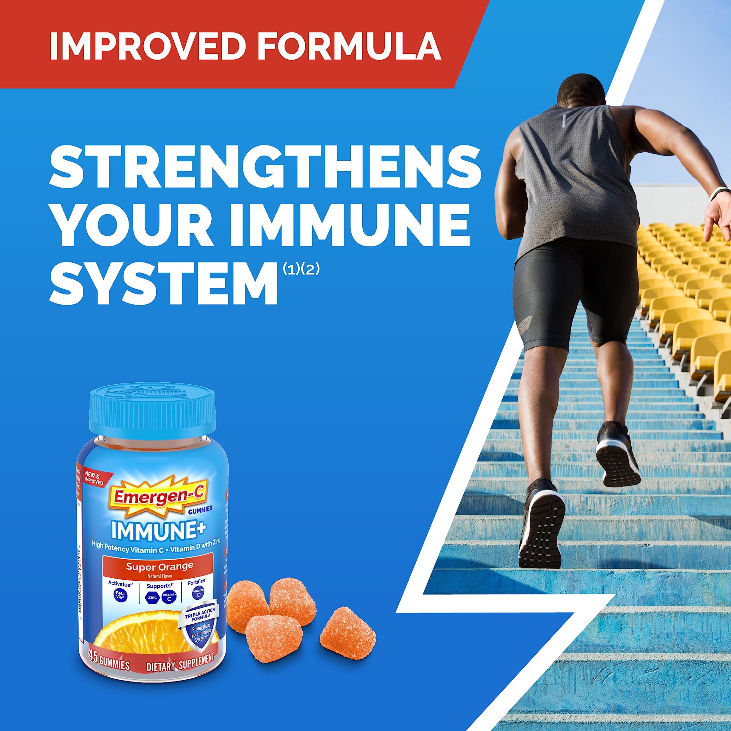 Emergen-C Immune+ Immune Gummies, Vitamin D plus 750 mg Vitamin C, Immune Support Dietary Supplement, Caffeine Free, Gluten Free, Super Orange Flavor - 45 Count - Image 2