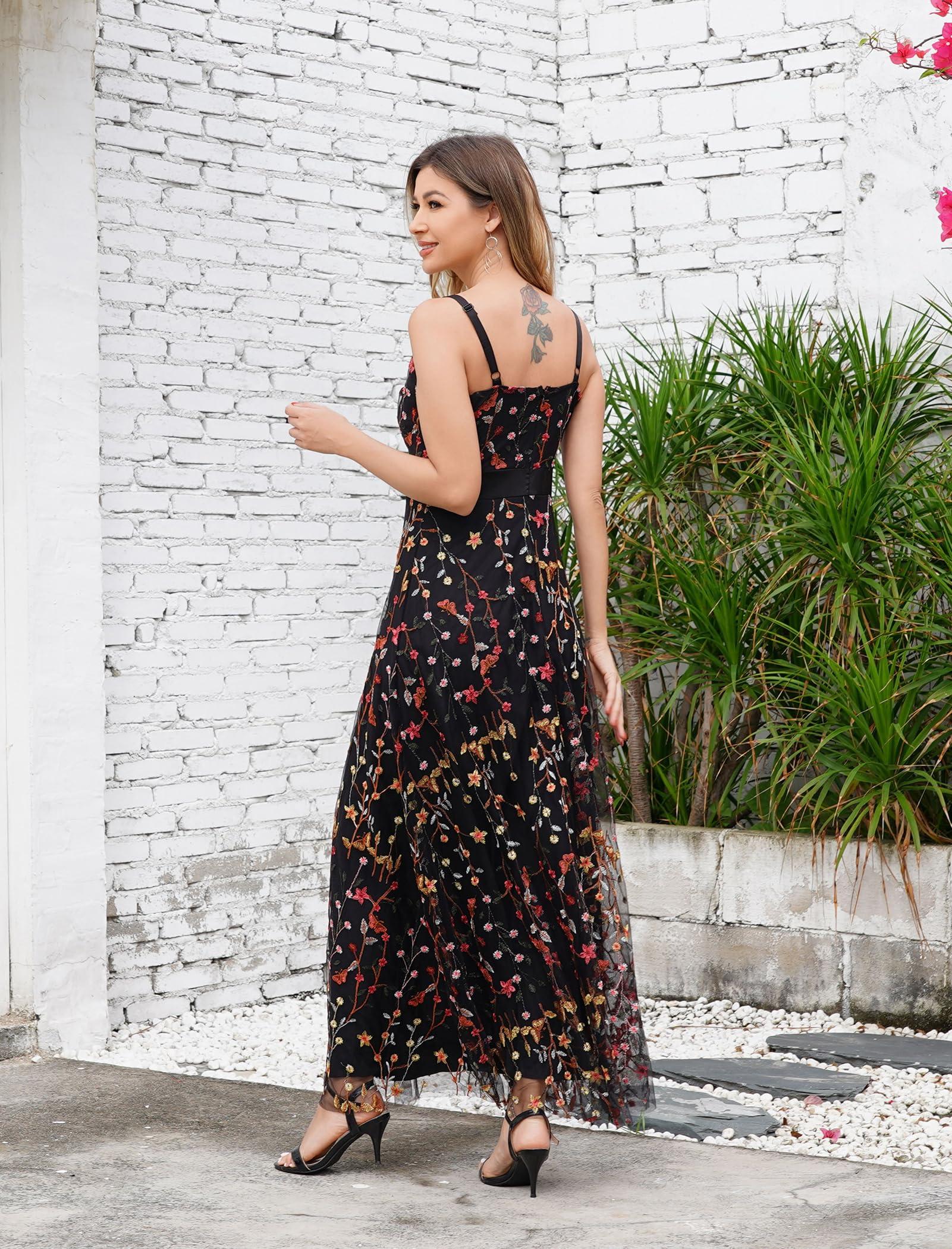 Long Floral Embroidery Dress for Women Flower Embroidered Maxi Dress Spaghetti Straps Formal Evening Party Tulle Prom Dress - Image 6