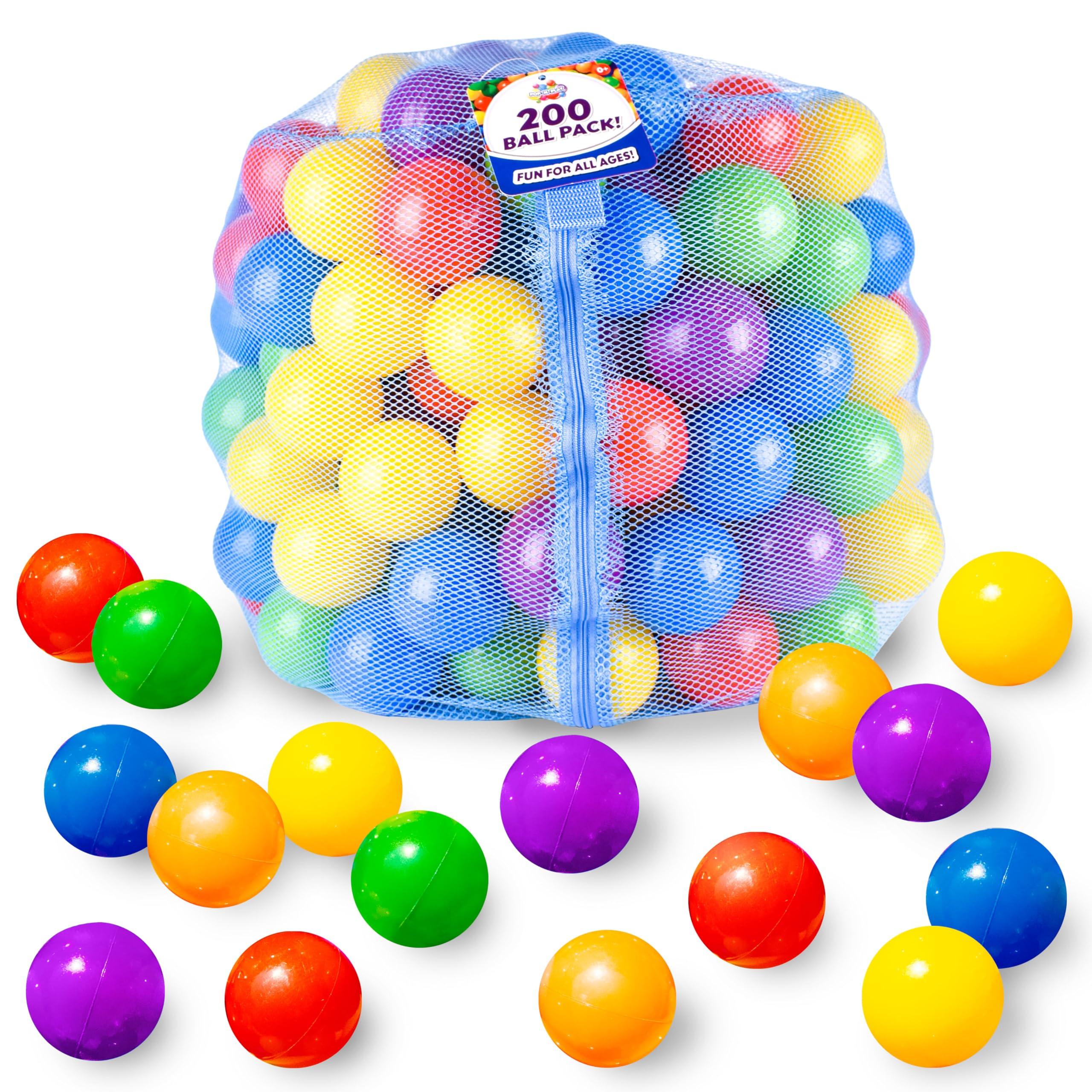 Sunny Days Entertainment 200 Premium Crush-Resistant Play Balls for Ball Pits – Non-Toxic, BPA & Phthalate Free – Vibrant Assorted Colors with Zippered Storage Bag (2.5" Diameter)