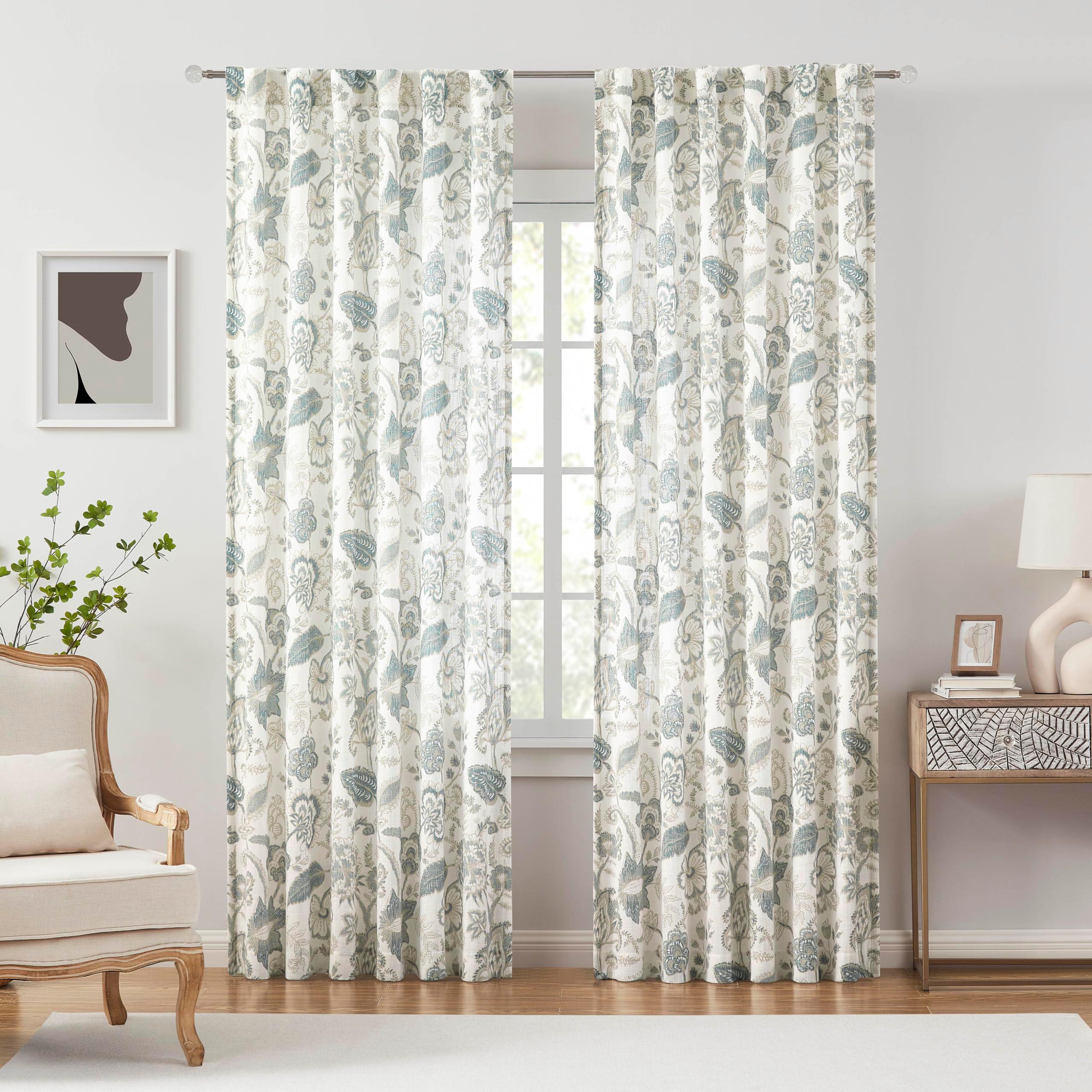 Kayne Studio Backtab Rod Pocket Jacobean Floral Semi Sheer Curtains Boho Botanical Leaf Printed Vintage Farmhouse Blue Grey Light Filtering Window Treatment Sets Living Room Bedroom,52"x84",2 Panels - Image 2