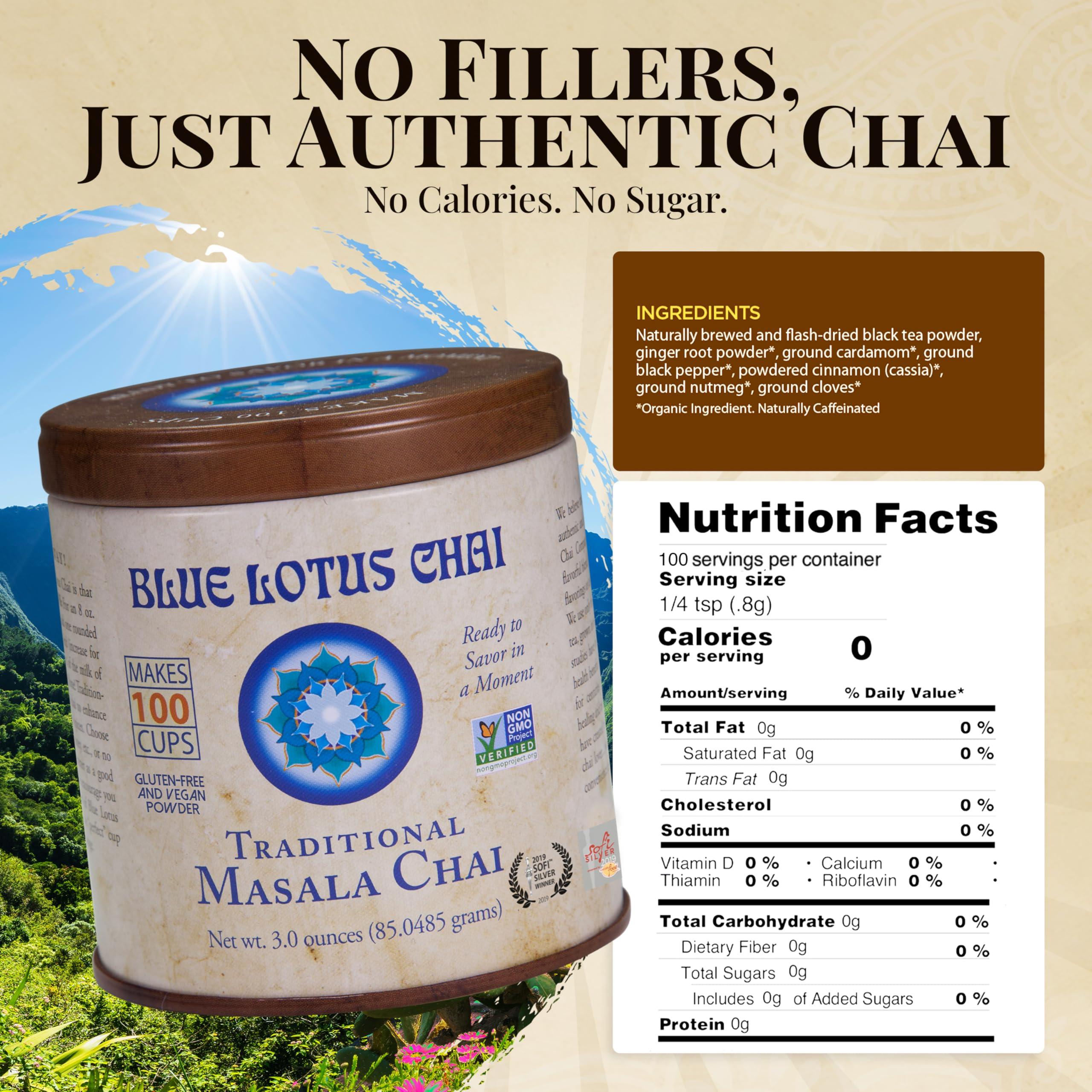 Blue Lotus Chai Tea - Traditional Masala Chai - Makes 100 Cups - 3 Ounce Masala Spiced Chai Powder with Organic Spices - Instant Indian Tea No Steeping - No Gluten - Image 9
