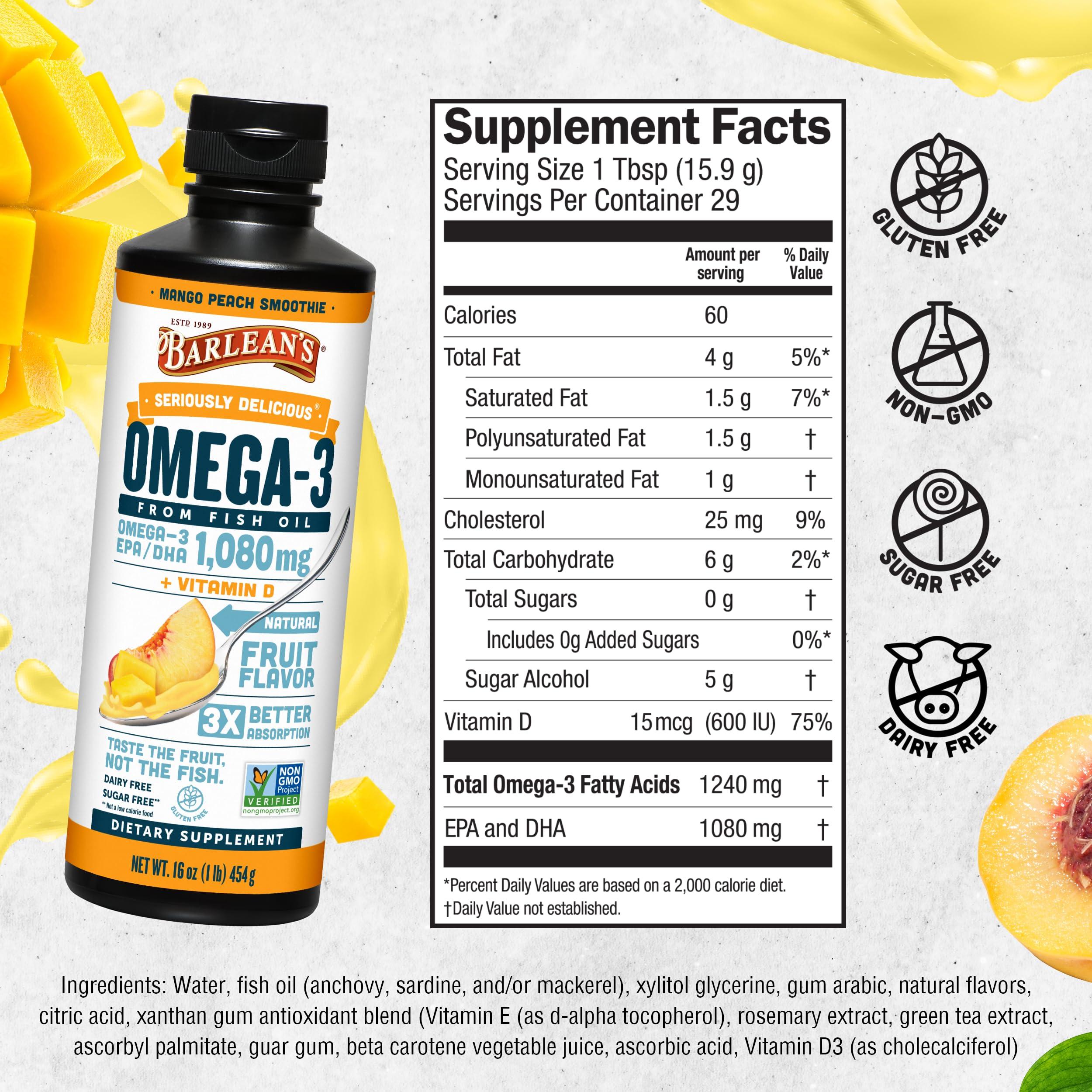 Barlean's Mango Peach Omega 3 Fish Oil Liquid Supplement with Vitamin D, 1080mg EPA & DHA Fatty Acid, Smoothie Flavored & Burpless for Brain, Joint, & Heart Health, 16 oz - Image 6