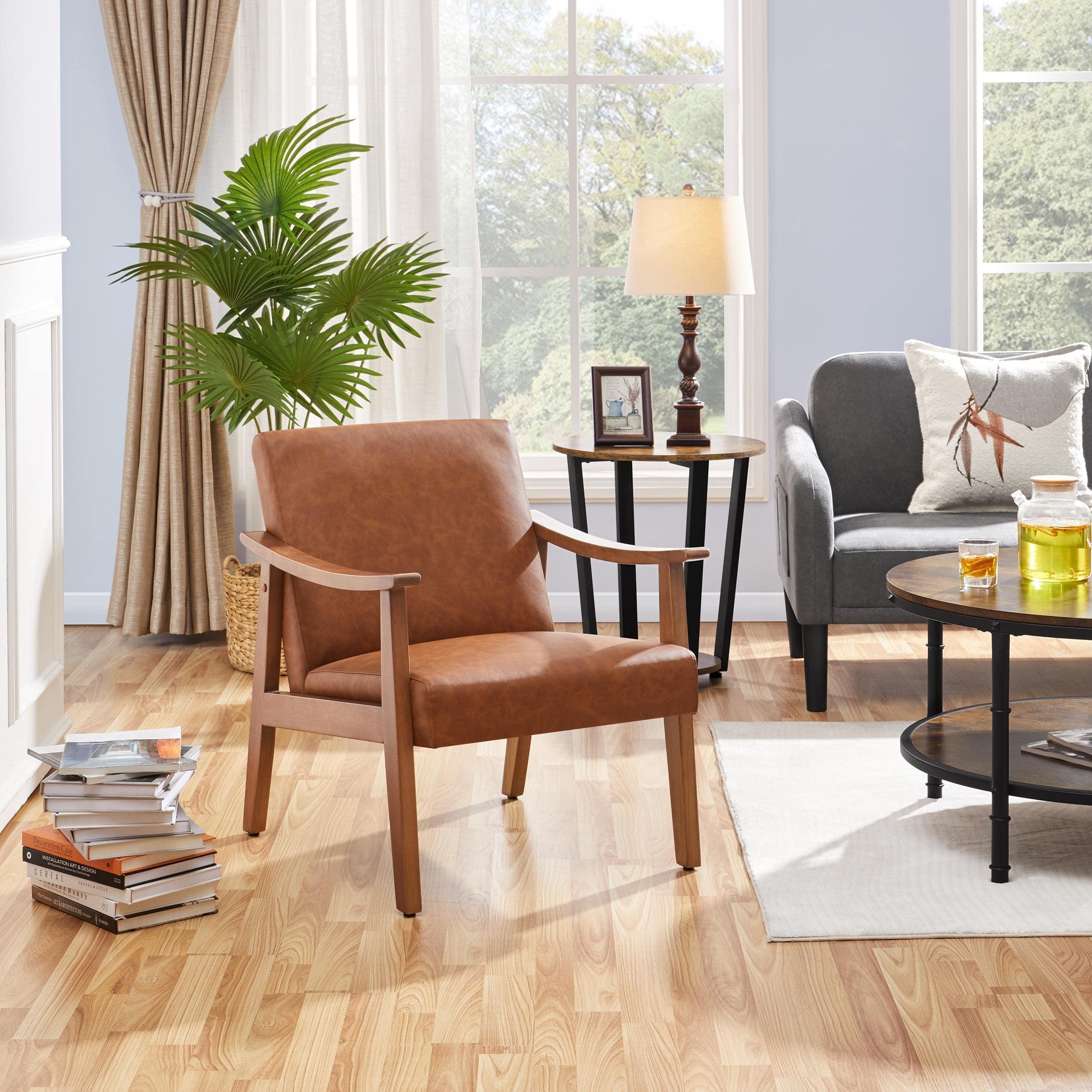 Yaheetech PU Leather Accent Chair, Mid-Century Modern Armchair with Solid Wood Legs, Reading Leisure Chair for Living Room Bedroom Waiting Room, Light Brown, Set of 2 - Image 2