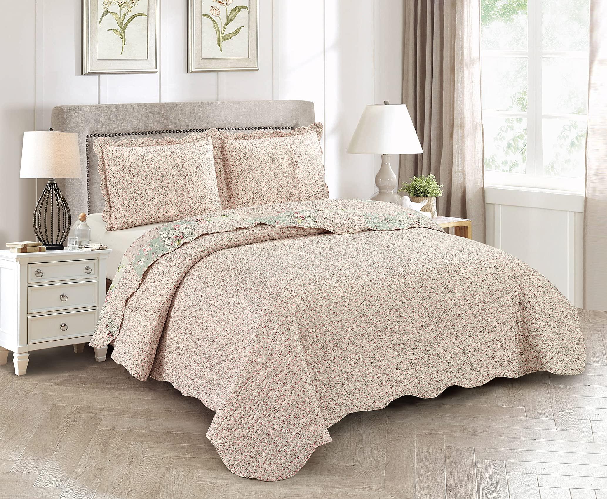 Brilliant Sunshine Rose and Sage Quilt Set, 3-Piece Bedding Sets, Traditional Patchwork Design, Washable and Reversible Bedspread, Soft Lightweight Coverlet, All-Season, Full/Queen, Light Pink Green - Image 5