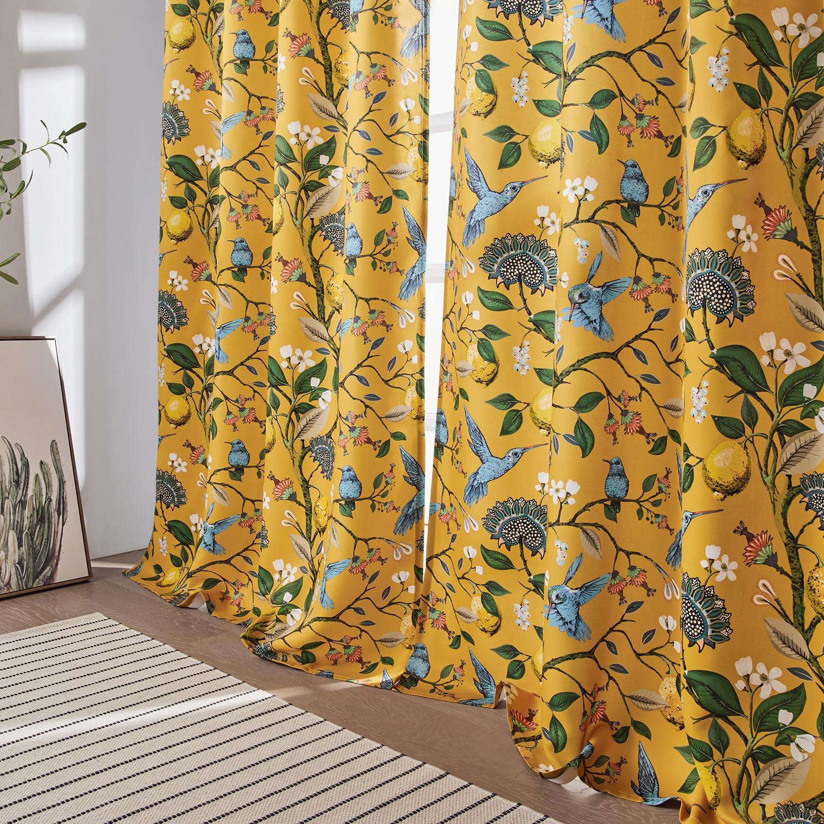 Topfinel Mustard Yellow Vintage Curtains & Drapes 84 Inches Long, Grommet Luxury Whimsical Floral Lemon Hummingbird Patterned Waverly Mid Century Colorful Blackout Drapes for Living Room Bedroom - Image 9