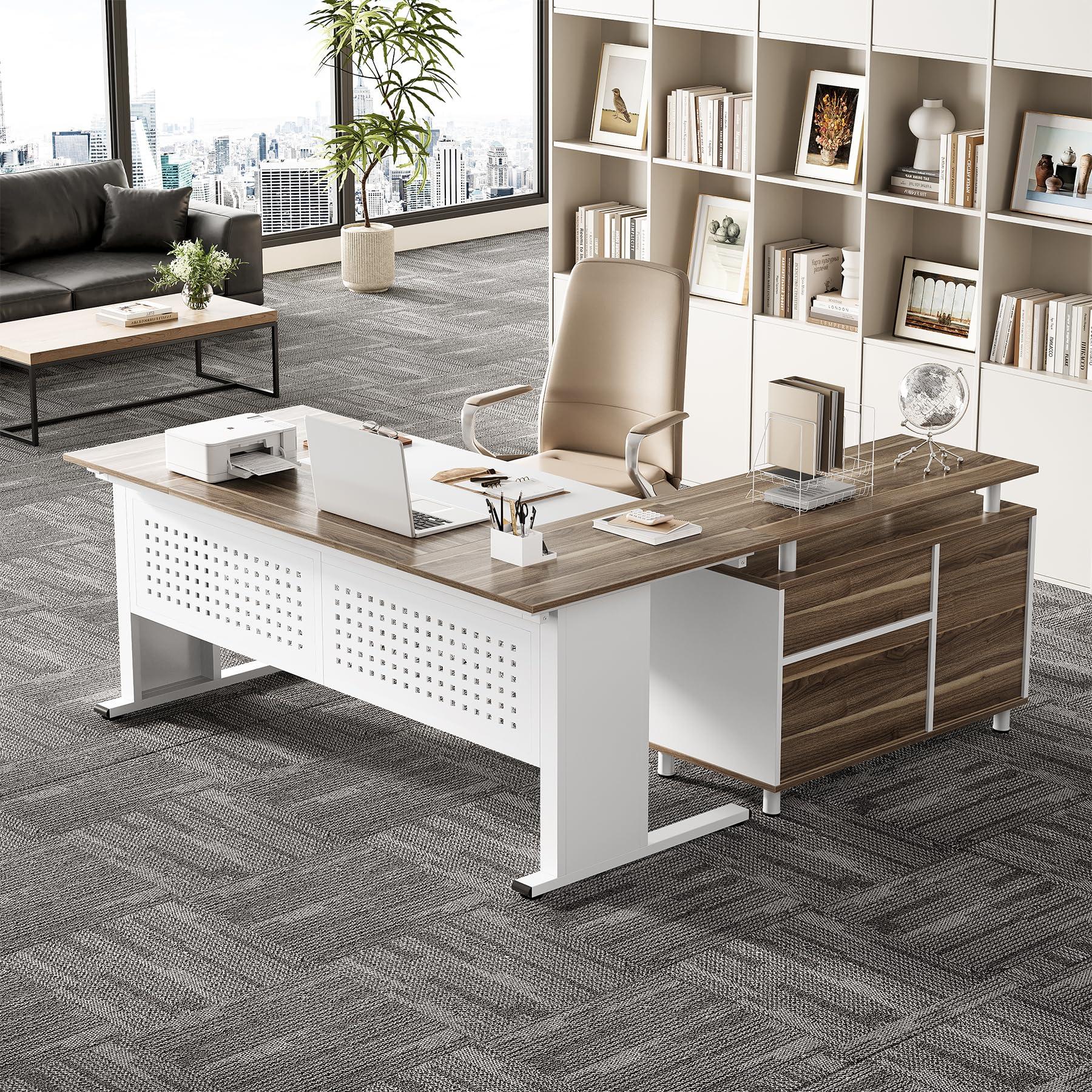 LITTLE TREE Large Computer Desk with File Cabinet, 63 Inch Executive Desk L Shaped Office Desk with Drawers and Storage Shelves, Business Furniture Desk Workstation for Home Office - Image 2