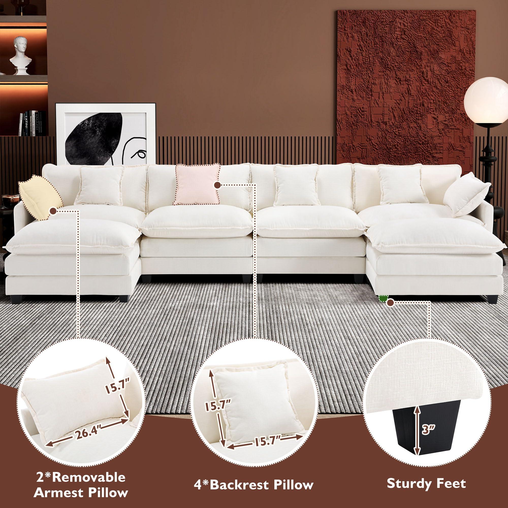 Ihanherry 146" U-Shaped Modern Sofa Modular Sectional Cloud Couch with 2 Ottoman, 6-Seat Chenille Deep Seat Sofa with 6 Pillows for Living Room, Bedroom and Apartment, Beige - Image 6