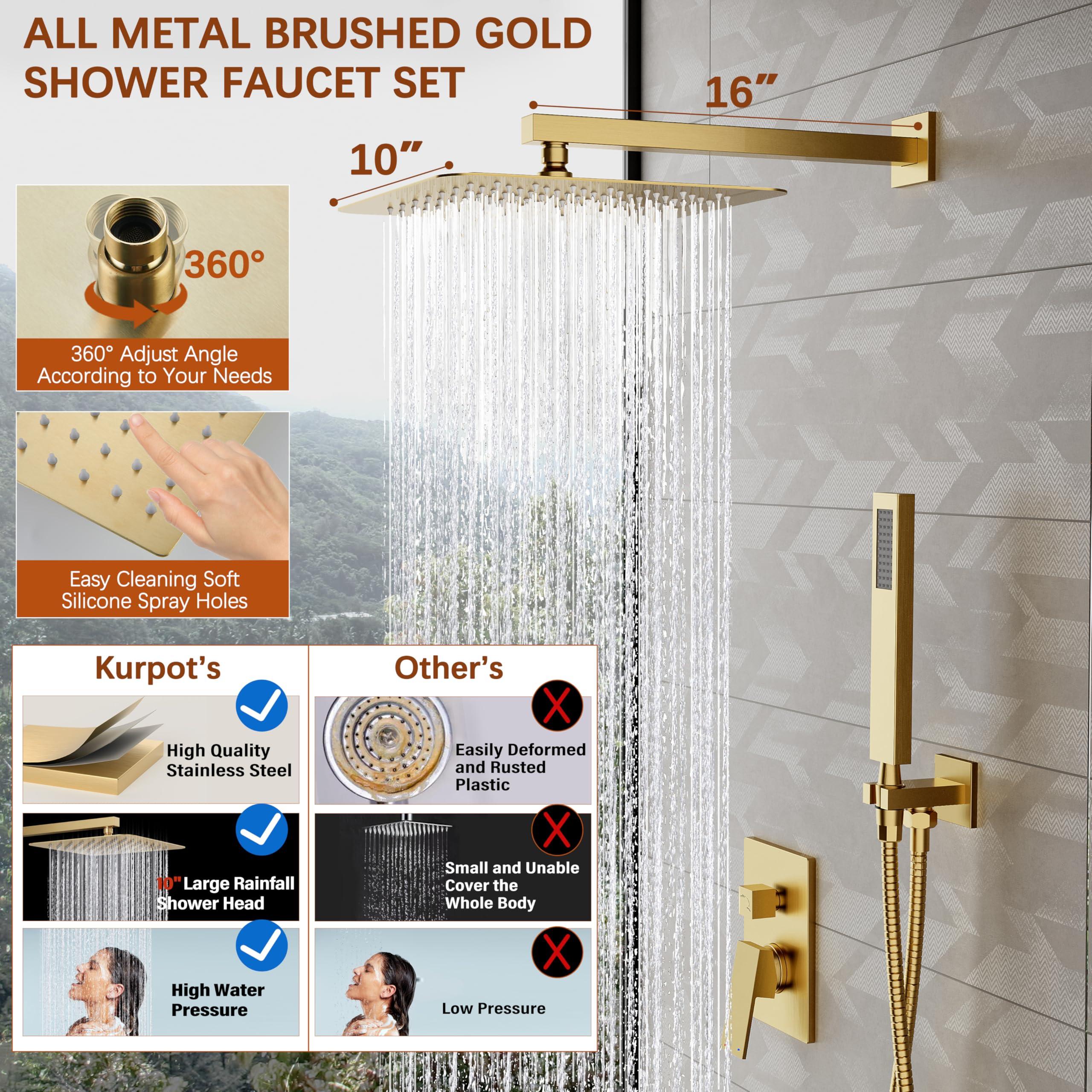 Kurpot Gold Shower System, 10'' Square Rainfall Shower Head with Handheld Combo Spray, Bathroom Brushed Gold Shower Faucet Set with Valve, 59'' Shower Hose, Shower Trim Kit and Diverter, Wall Mounted - Image 3